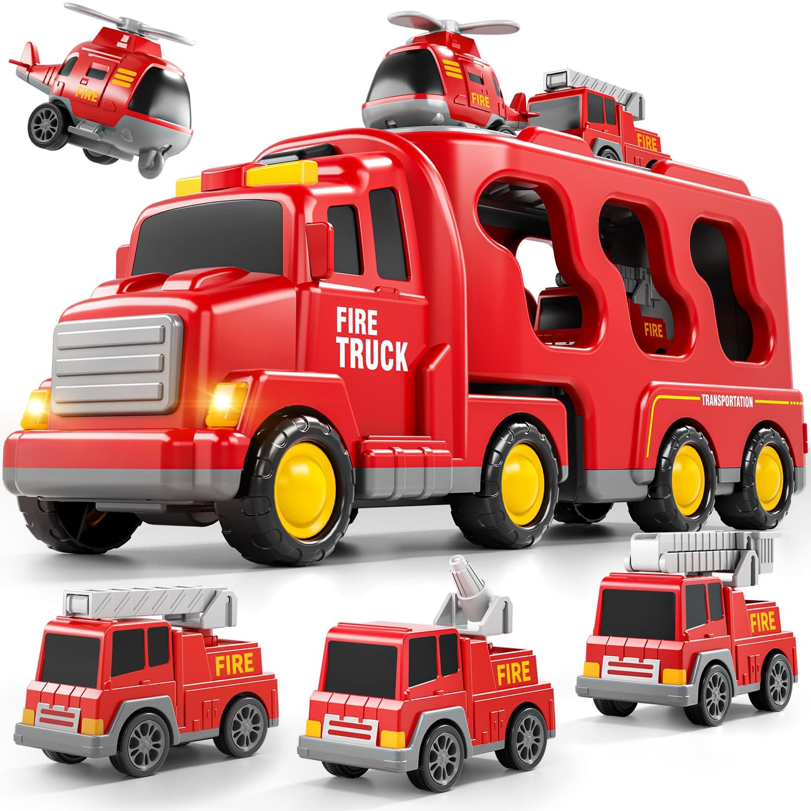 Bennol 5-in-1 Fire Trucks Toy Set for Boys Age 1-3 3-5, Fire Car Truck for Toddlers 1 2 3 4 5 6 Years Old, Christmas Birthday Gift Car Sets with Light Sound 600-22