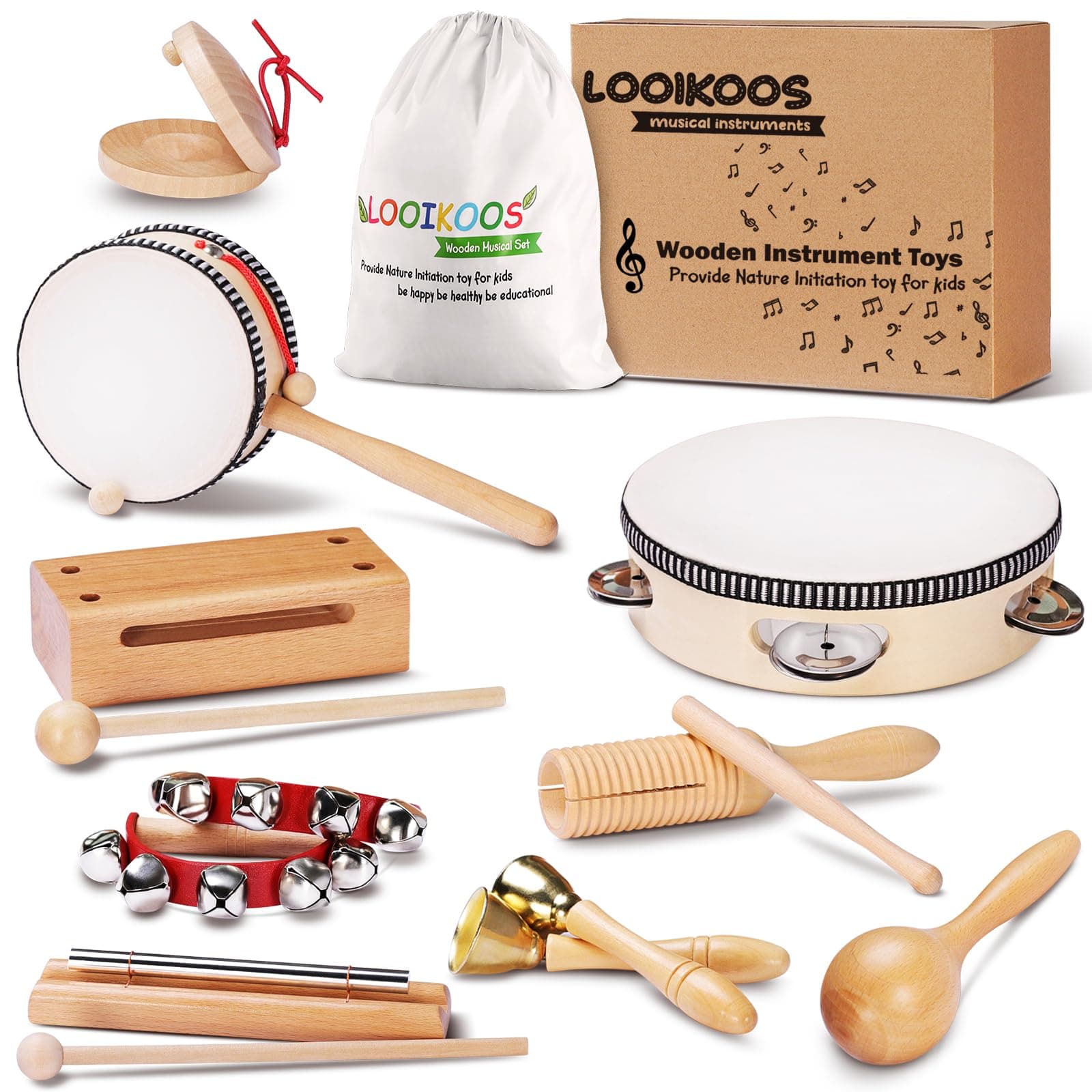 LOOIKOOS Toddler Musical Instruments Montessori Natural Wooden Percussion Instruments for Kids Preschool Educational Musical Toys Set for Boys and Girls with Storage Bag Kids Musical Instruments 1