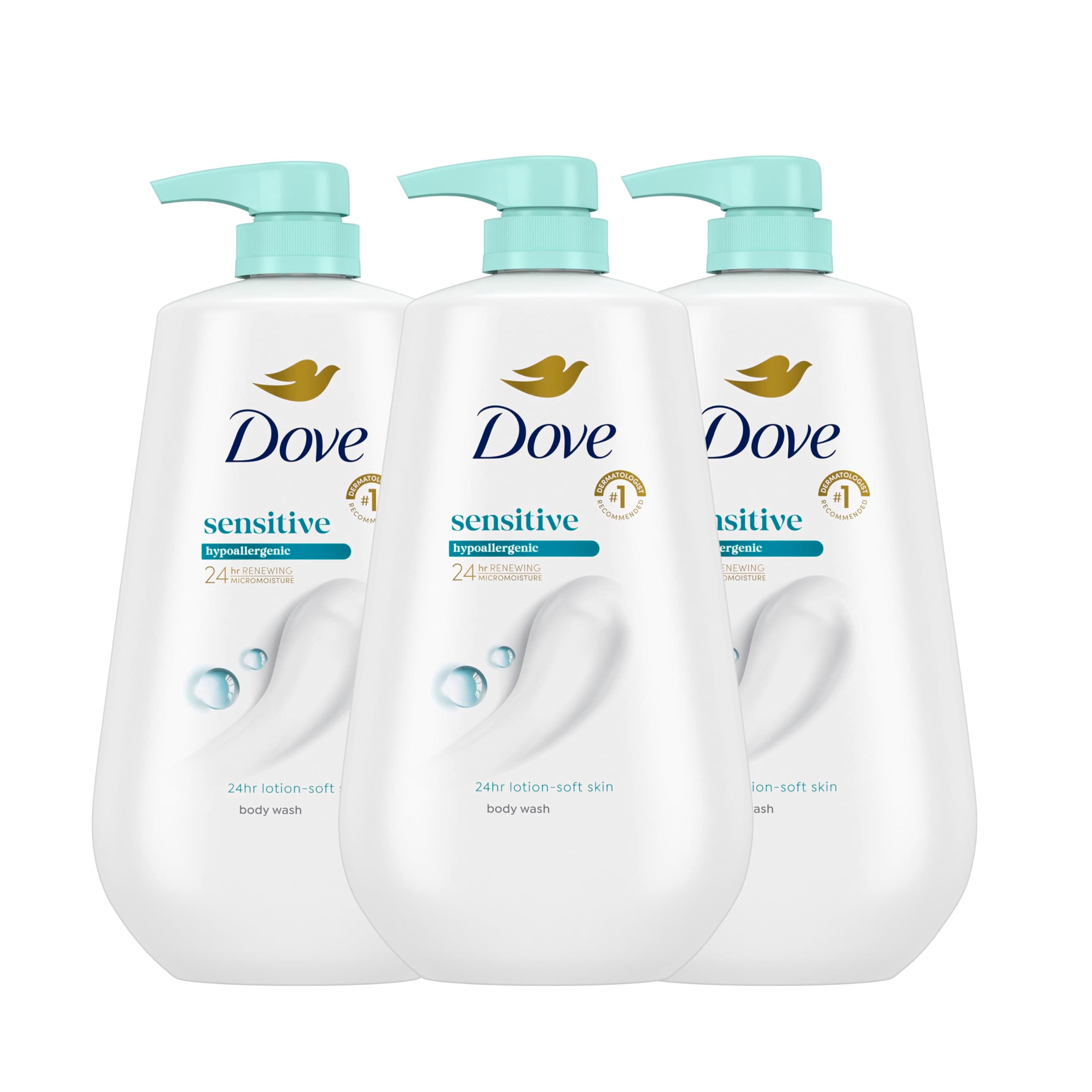 Dove Body Wash 3 Count Sensitive Skin For 24hr Lotion-Soft Skin Moisturizing Skin Cleanser Gentle Hypoallergenic Formula with No Sulfates No Parabens Fragranced 30.6 Fl Oz (Pack of 3)