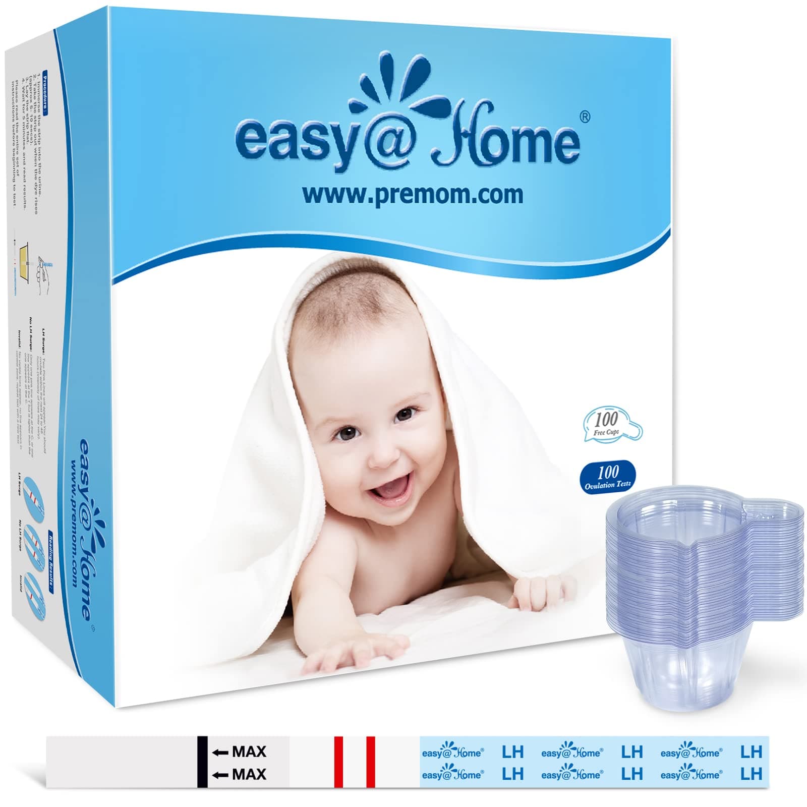 Easy@Home Ovulation Test Strips, 100 Pack Fertility Tests, Ovulation Predictor Kit, FSA Eligible, Powered by Premom Ovulation Predictor iOS and Android App, 100LH+100 Urine Cups 100 Count (Pack of 1)