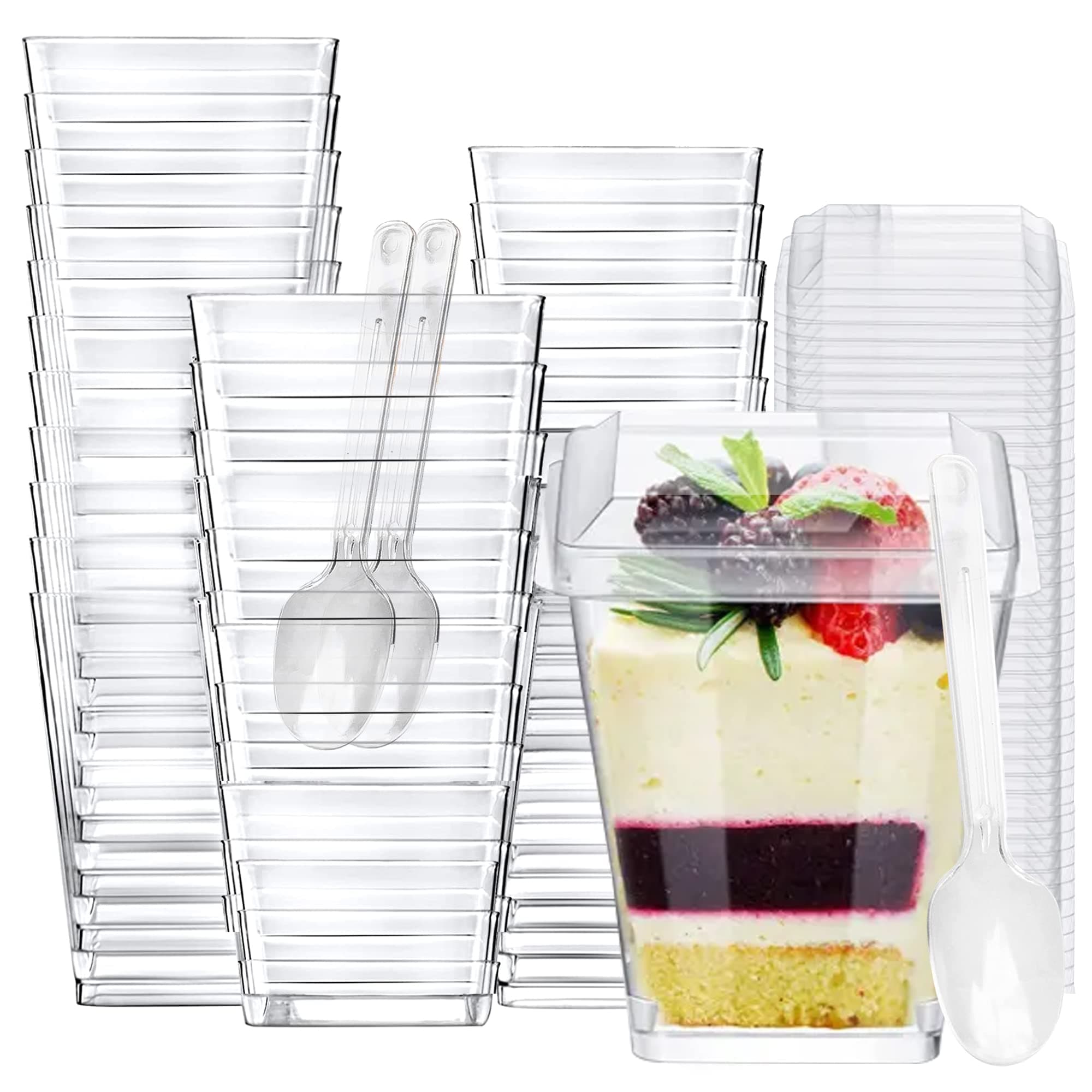 100 Pack 5 oz Plastic Dessert Cups with Lids & Spoons – Mini Parfait & Appetizer Cups, Dessert Shooter Cups – For Party, Wedding, Birthday, Pudding, Mousse, Ice Cream – BPA-Free, Recyclable, Clear 100 Cups + 100 Spoons + 100 Lids