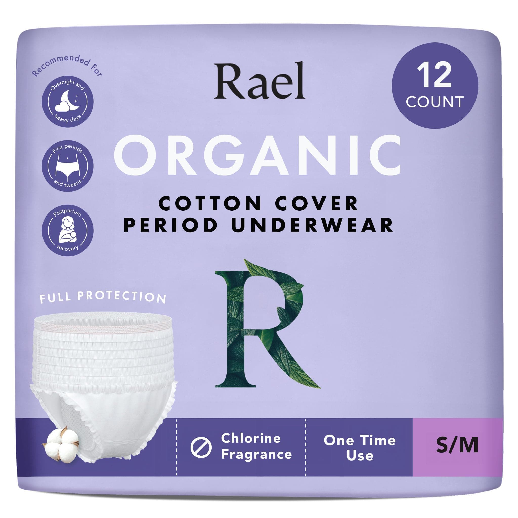 Rael Disposable Underwear for Women, Organic Cotton Cover - Incontinence Pads, Postpartum Essentials, Disposable Underwear, Unscented, Maximum Coverage (Size S-M, 12 Count) Overnight Panty Style (S-M) 12 Count (Pack of 1)