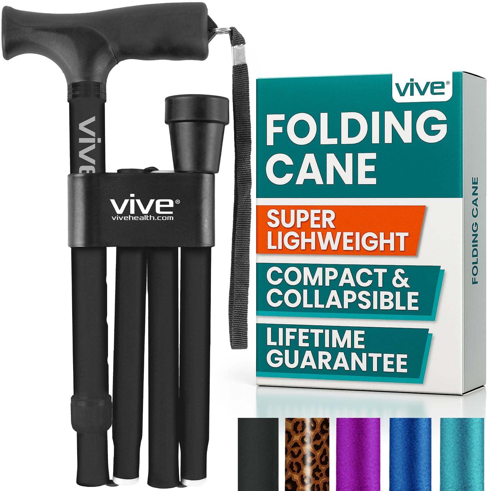 Vive Folding Cane - Foldable Walking Cane for Men, Women - Fold-up, Collapsible, Lightweight, Adjustable, Portable Hand Walking Stick - Balancing Mobility Aid - Sleek, Comfortable Black