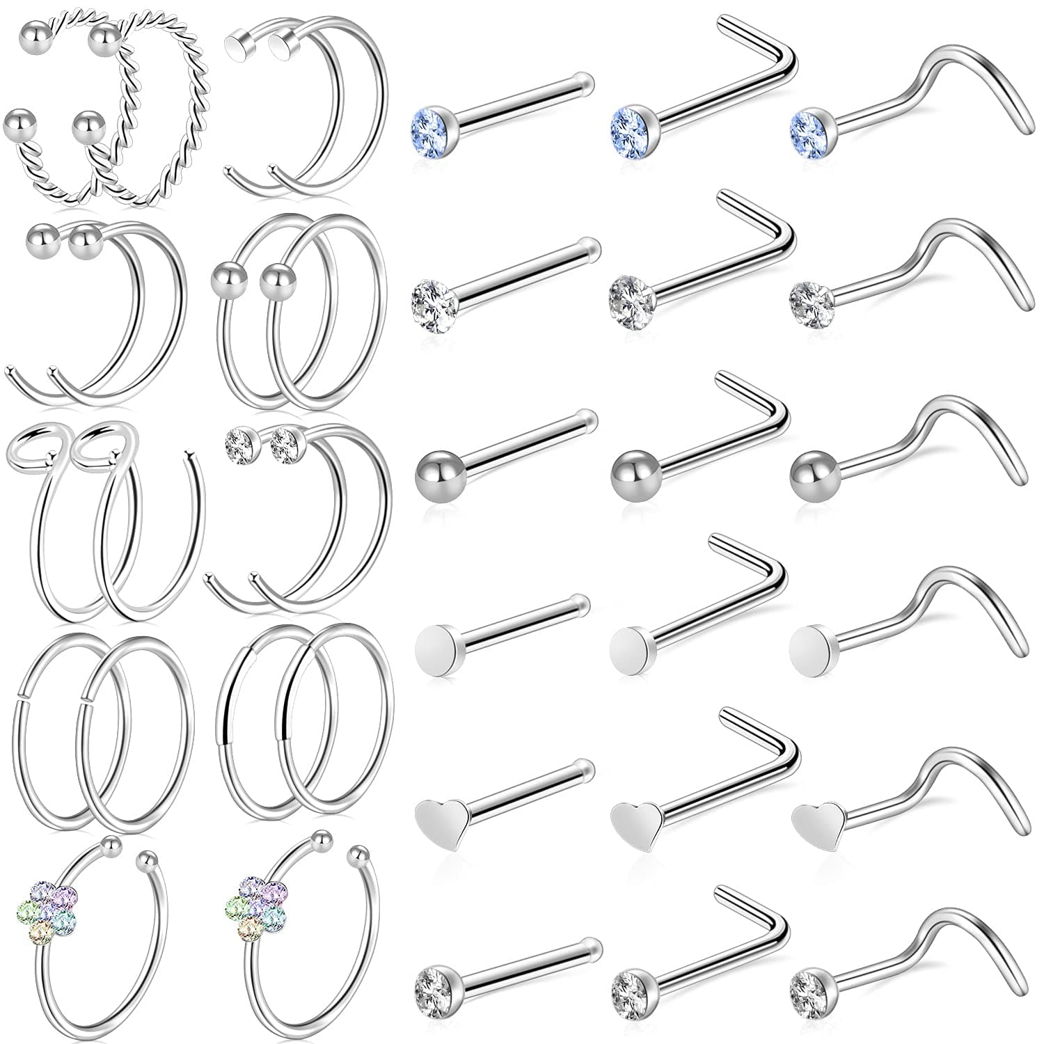 ONESING 9-40 Pcs Nose Rings - Hoops, Studs & L Shape - Hypoallergenic Stainless Steel Nose Piercings for Women & Men Silver-36Pcs