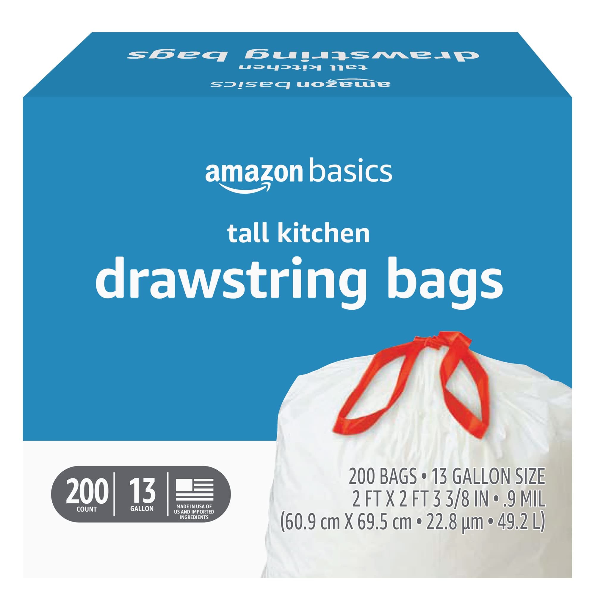Amazon Basics Trash Bags, Tall Kitchen Drawstring, Unscented, 13 Gallon, 200 Count, Pack of 1 Unscented 200 Count (Pack of 1)