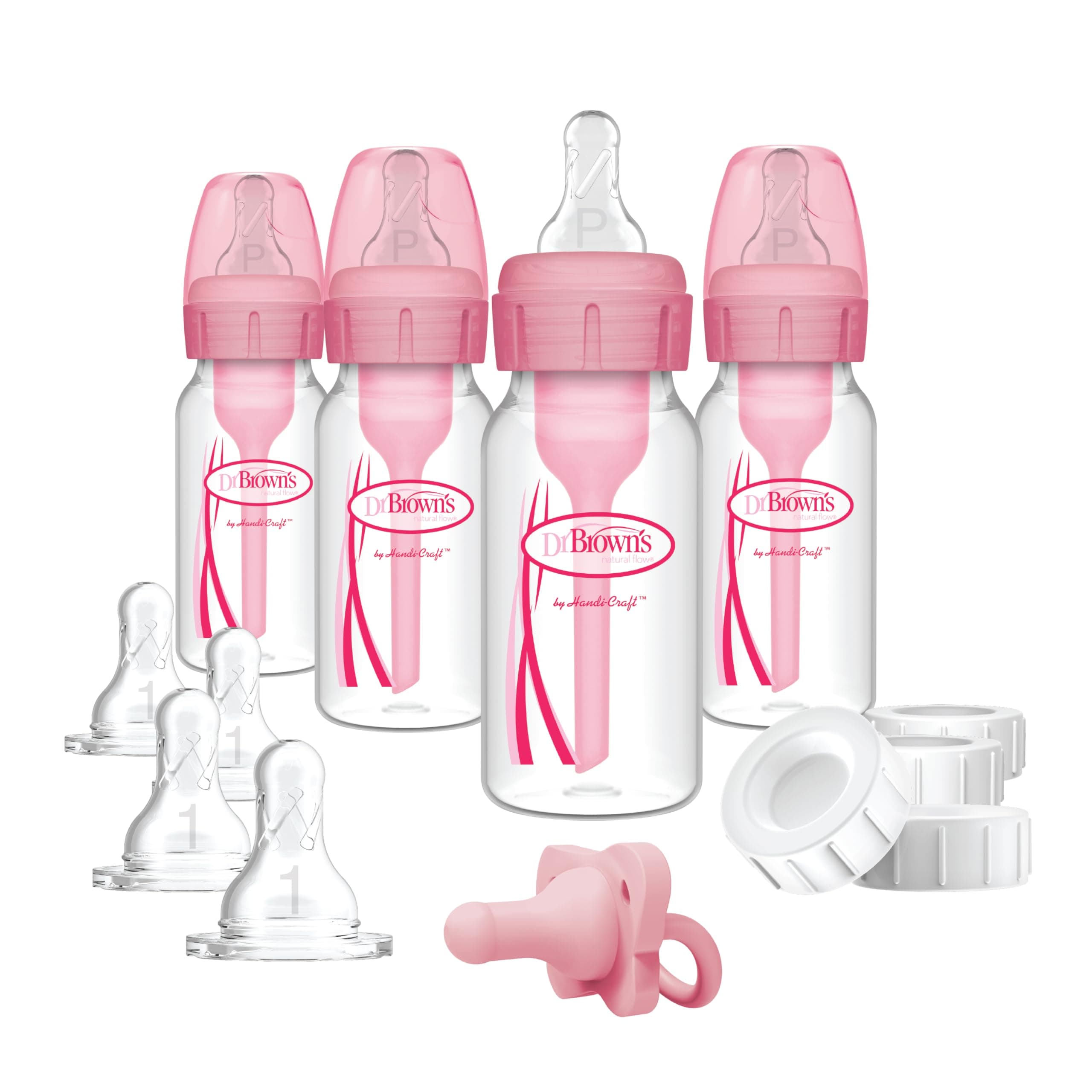 Dr. Brown's Anti-Colic Baby Feeding Set with Slow Flow Nipples, Travel Caps, Silicone Pacifier - Pink Pink, Breast to Bottle Feeding Set 4 Count (Pack of 1) Gift Set