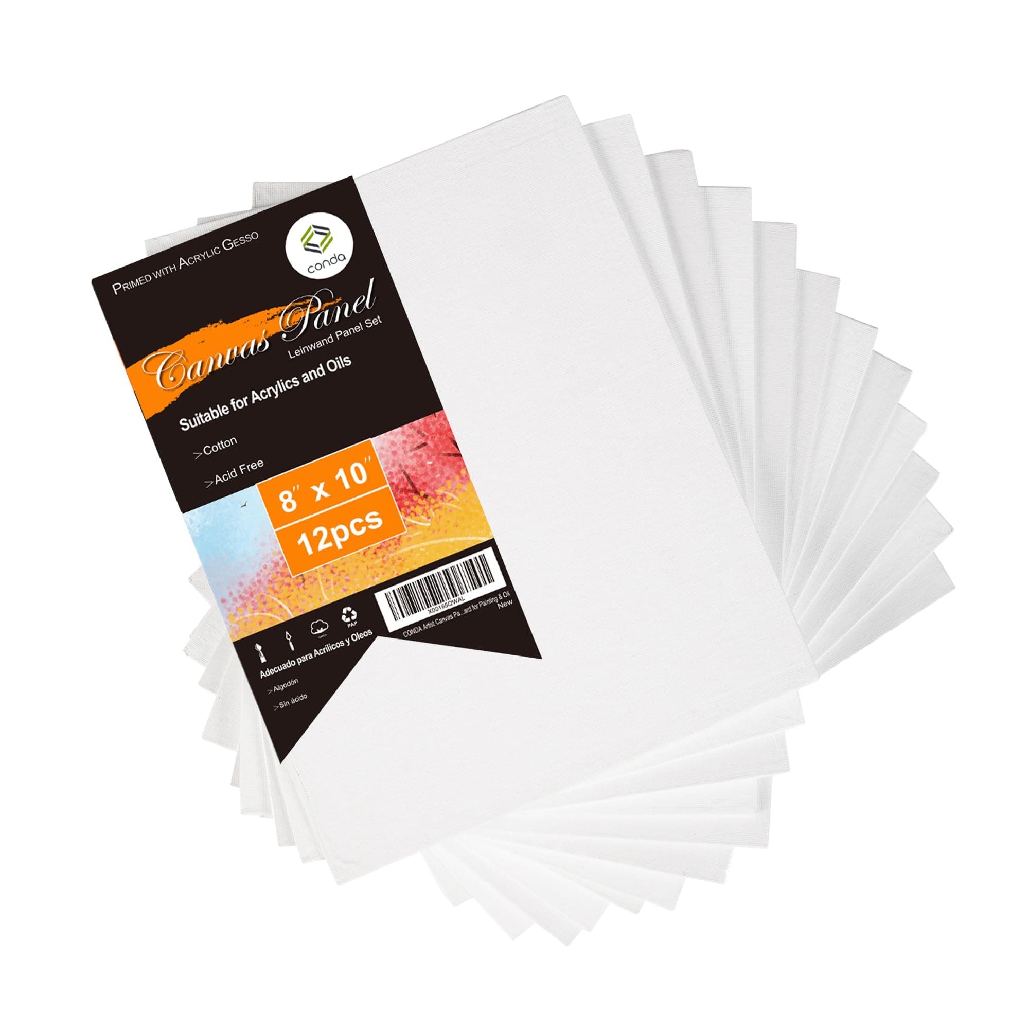 CONDA Canvas Boards for Painting, 8 x 10 inch, 12 Pack, 100% Cotton Canvas Panels, White Blank Canvases, Primed, Acid-Free, Artist Quality for Acrylic, Pouring Watercolor & Oil Painting 8"x10" 12