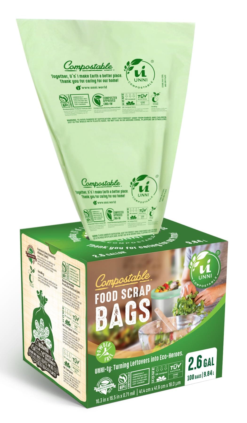 UNNI Compostable Trash Bags, 2.6 Gallon / 9.84 Liter, 100 Count, Extra Thick 0.71 Mil Small Kitchen Food Scrap Bin Liners, Certified by BPI, CMA & OK compost HOME, Meets the ASTM D6400 Standard 2.6 Gallon 100 Count (Pack of 1)