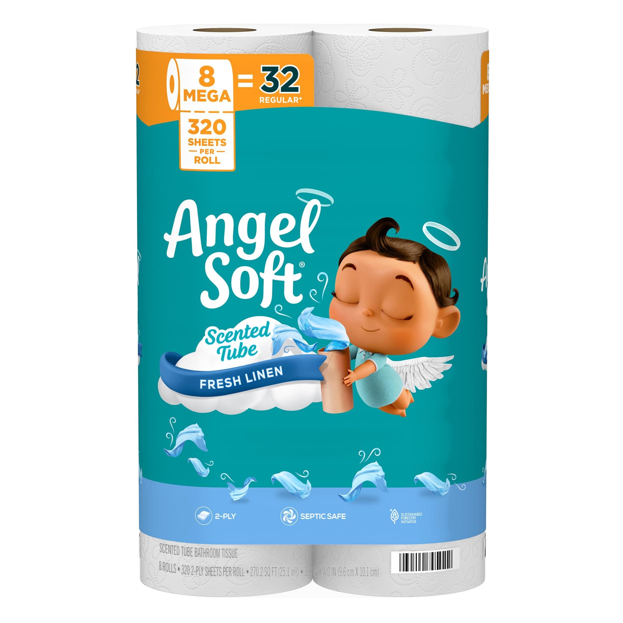 Angel Soft Toilet Paper with Fresh Linen Scented Tube, 8 Mega Rolls = 32 Regular Rolls, Soft and Strong Toilet Tissue Fresh Linen Scented 40 sheet (Pack of 8)