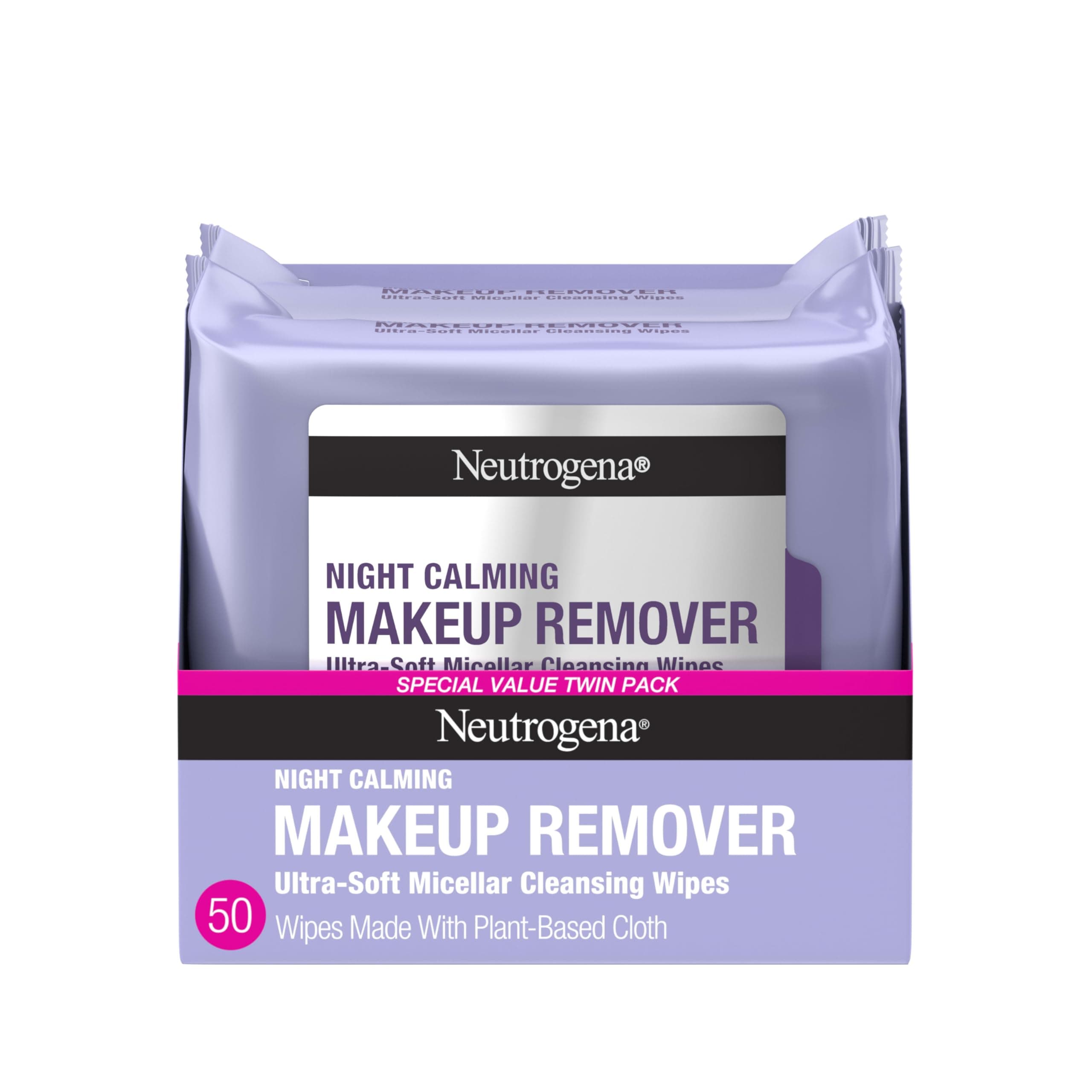 Neutrogena Night Calming Makeup Remover Face Wipes, Nighttime Cleansing Towelettes Remove Sweat, Dirt & Makeup & Calms Skin, Hypoallergenic, 100% Plant Based Cloth, Twin Pack, 2 x 25 ct 50 Count (Pack of 1)