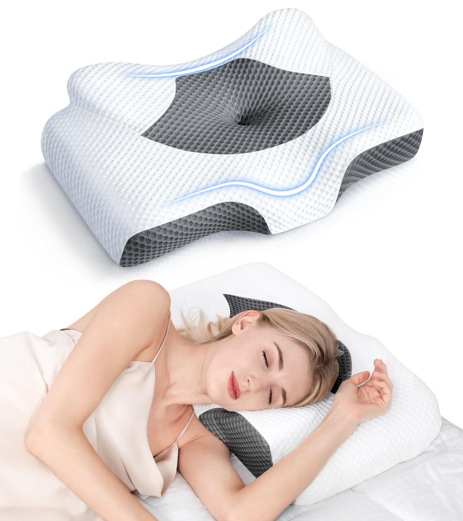 Osteo Cervical Pillow for Neck Pain Relief, Hollow Design Odorless Memory Foam Pillows with Cooling Case, Adjustable Orthopedic Bed Pillow for Sleeping, Support for Side Back Sleepers Queen(25.5*16.5*5.2/4.1 inches) Dark Grey