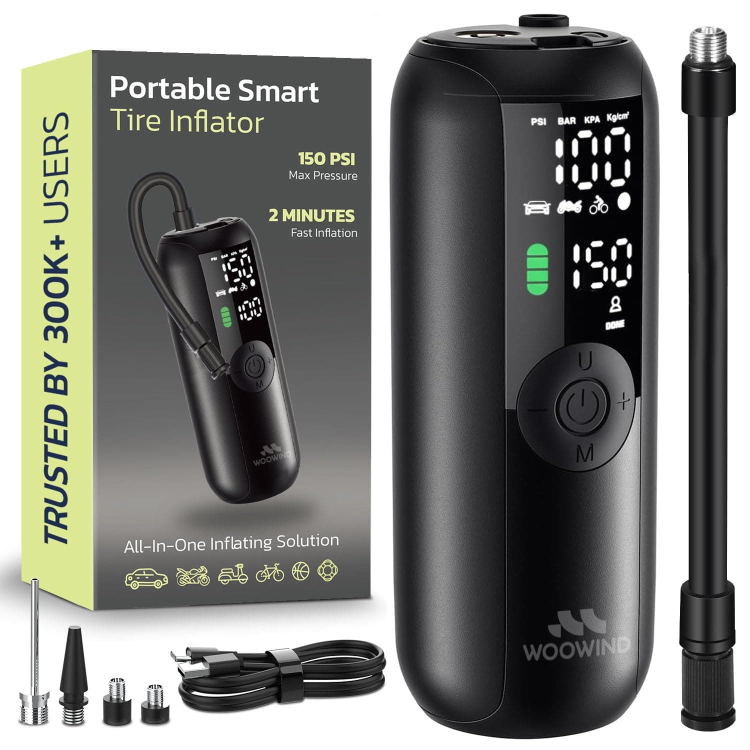Woowind Tire Inflator Portable Air Compressor, Bike Pump, 1 Minute Inflation, 150PSI Air Pump for Car Tires, Bikes, Motorcycles, Balls - with Digital Pressure Gauge, LED Light & Auto Shut-Off LP1