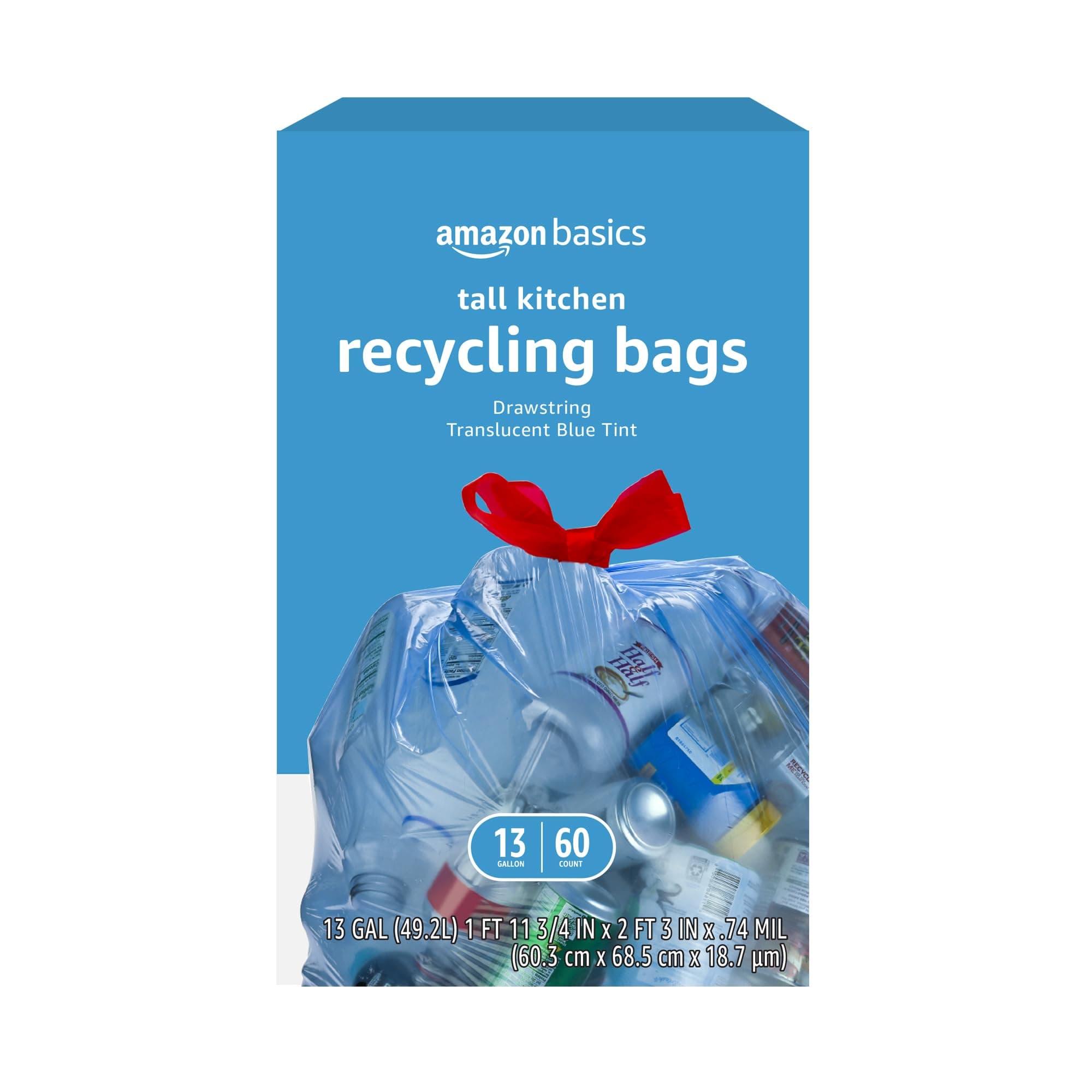Amazon Basics Blue Recycling Trash Bags, Unscented, 13 Gallon, 60 count, Pack of 1 60 Count (Pack of 1)