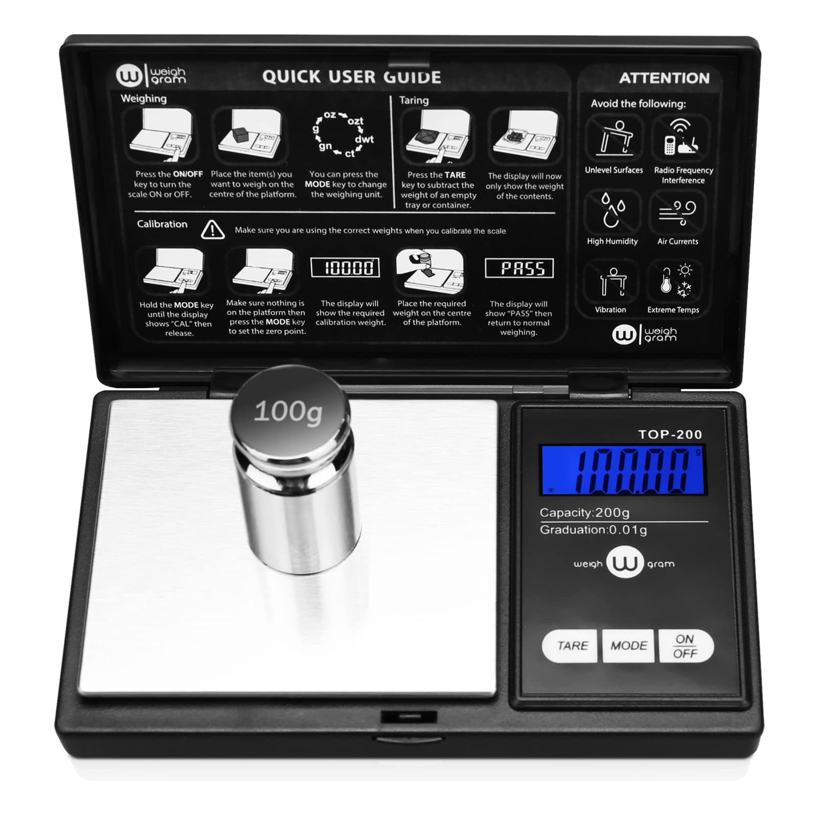 Weigh Gram 200g Digital Pocket Gram Scale 0.01g Accuracy, 200g x 0.01g Mini Digital Grams Scale, Small Food Scale, Jewelry Scale, Ounces Grains Scale With100g Calibration Weight 200g / 0.01g (Model: TOP-100)