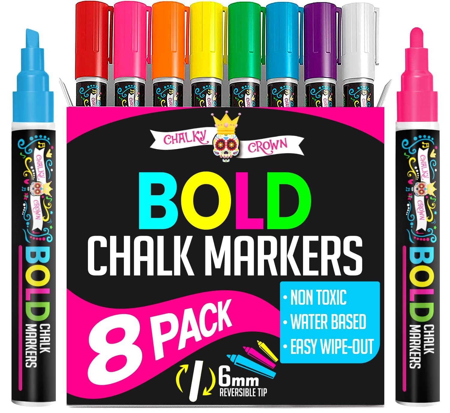 Liquid Chalk Markers for Blackboards - Bold Color Dry Erase Marker - Chalk Markers for Chalkboard Signs, Windows, Blackboard, Glass - 6mm Reversible Tip (8 Pack) - 24 Chalkboard Labels Included 6mm - 8 Pack