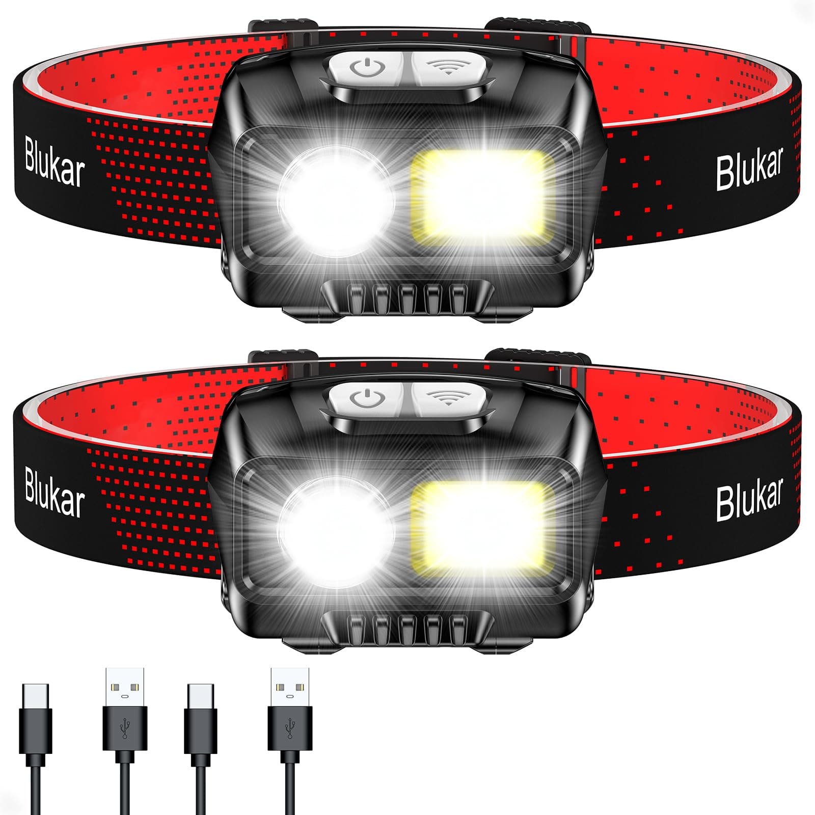Blukar LED Headlamp Rechargeable,2000L High Lumen Super Bright Dimmable Headlight Flashlight with Motion Sensor- 8 Modes,Spotlight&Floodlight,IPX5 Waterproof for Camping,Hiking,Running,Fishing -2 Pack Black 2 Pack