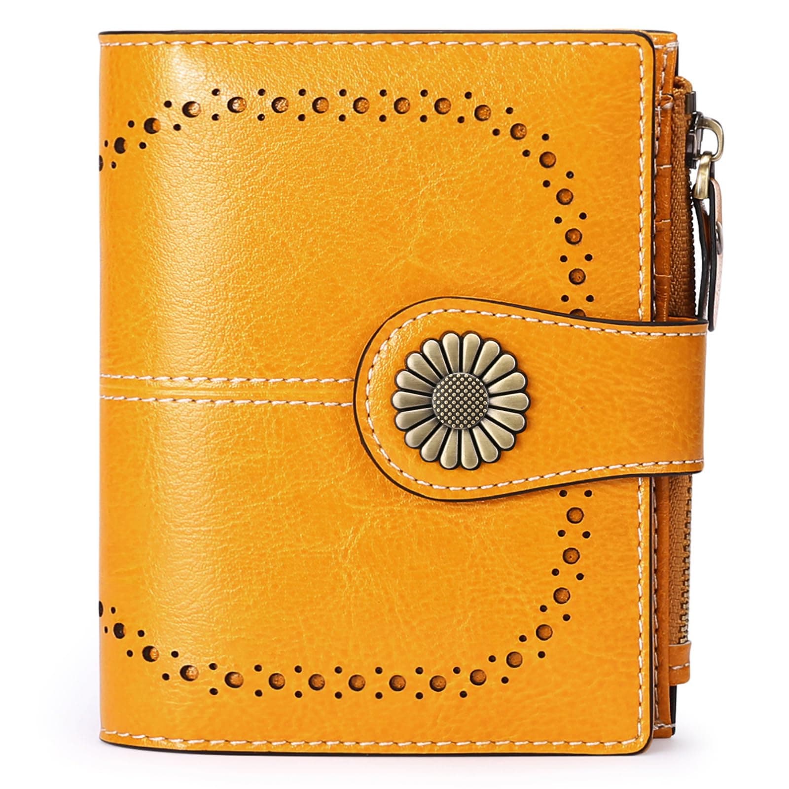 SENDEFN Small Womens Wallet Leather Bifold Card Holder RFID Blocking with Zipper Coin Pocket 1-Wax-A-Yellow