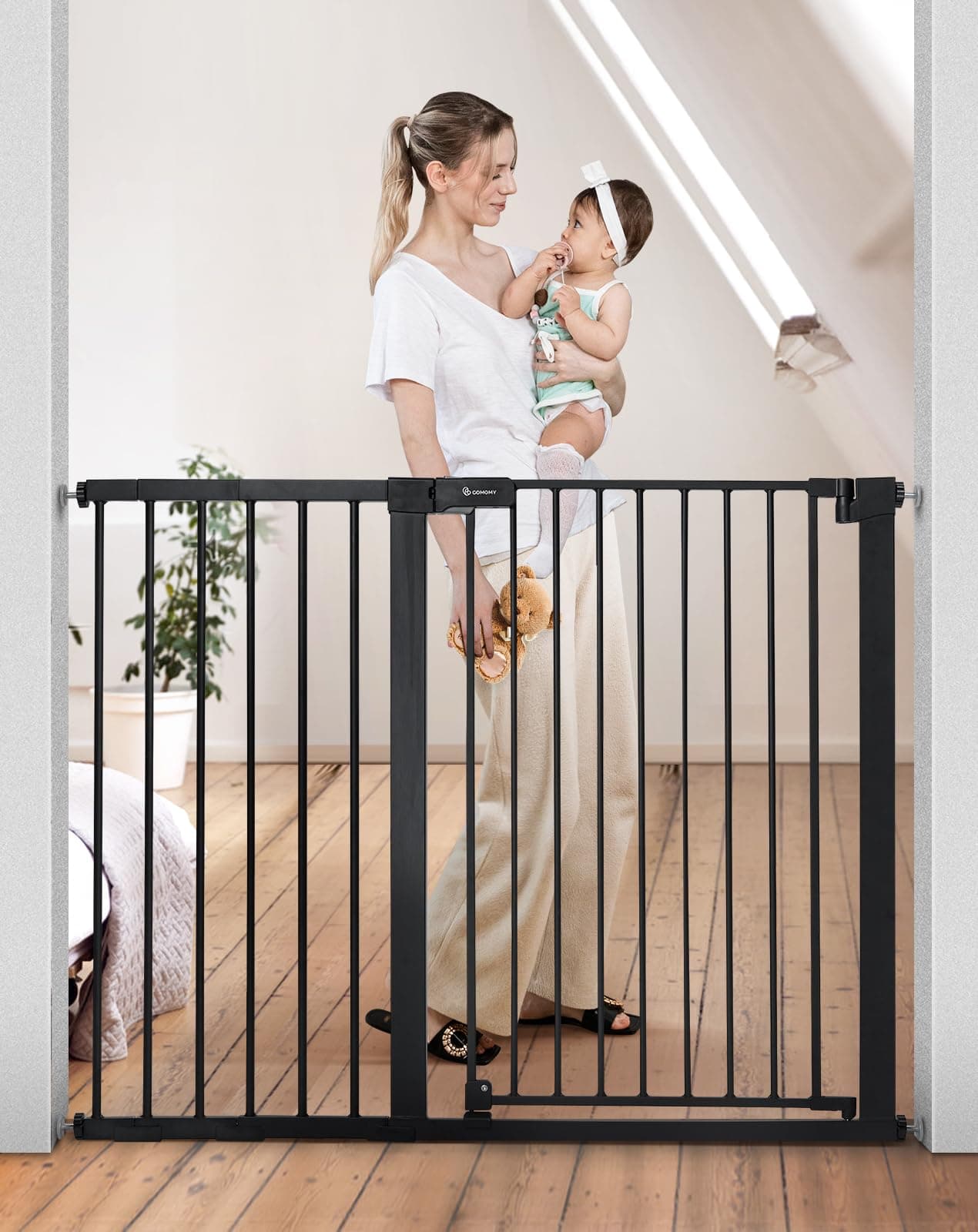 COMOMY 36" Extra Tall Baby Gate for Stairs and Doorways - Fits 29.5" to 48.8" Wide Openings, Auto Close Extra Wide Dog Gate for House, Pressure Mounted Easy Walk Through Pet With Door, Black 36"Tall 48.8"Wide Black