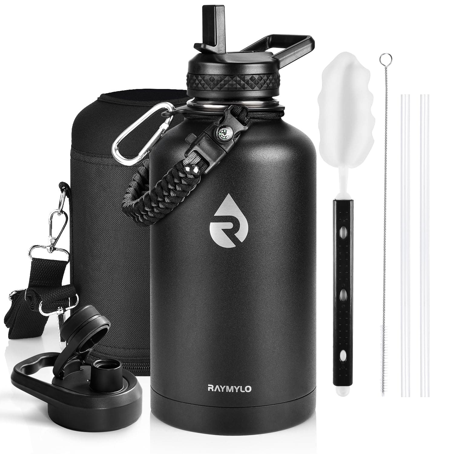 Insulated Water Bottle 64 oz, Triple Wall Vacuum Stainless Steel (Cold for 48 Hrs), Leak Proof & Non-BPA, Half Gallon Water Flask Jug with Paracord Handle & Straw Spout Lids, Magic Black 64 Ounces Magic Black