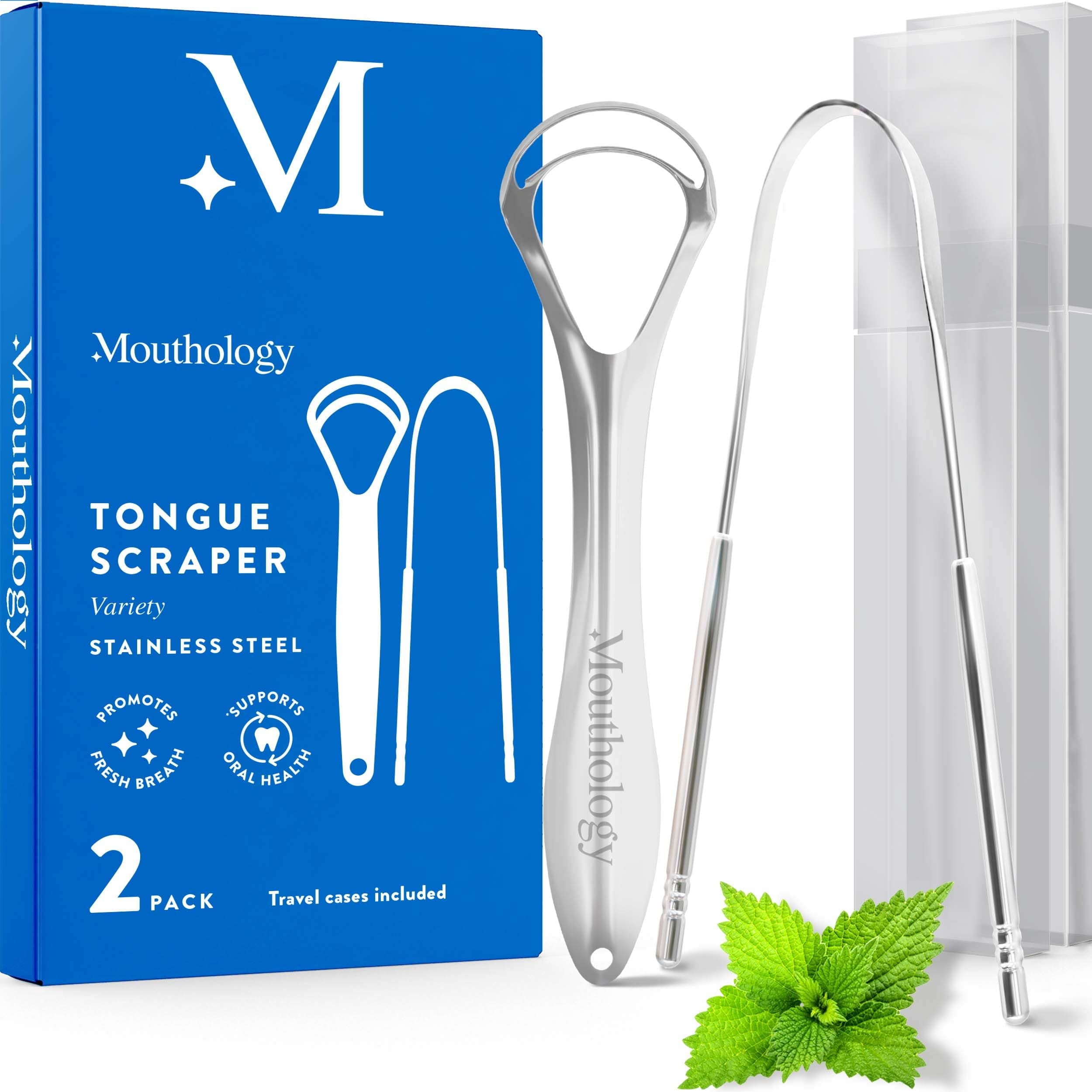 Mouthology Tongue Scraper (2 Pack), Reduce Bad Breath (Travel Cases Included), Stainless Steel Tongue Cleaners, Metal Tongue Scraper, Tongue Scraper for Adults - Fresher Breath in Seconds 2 Set Variety Tongue Scraper