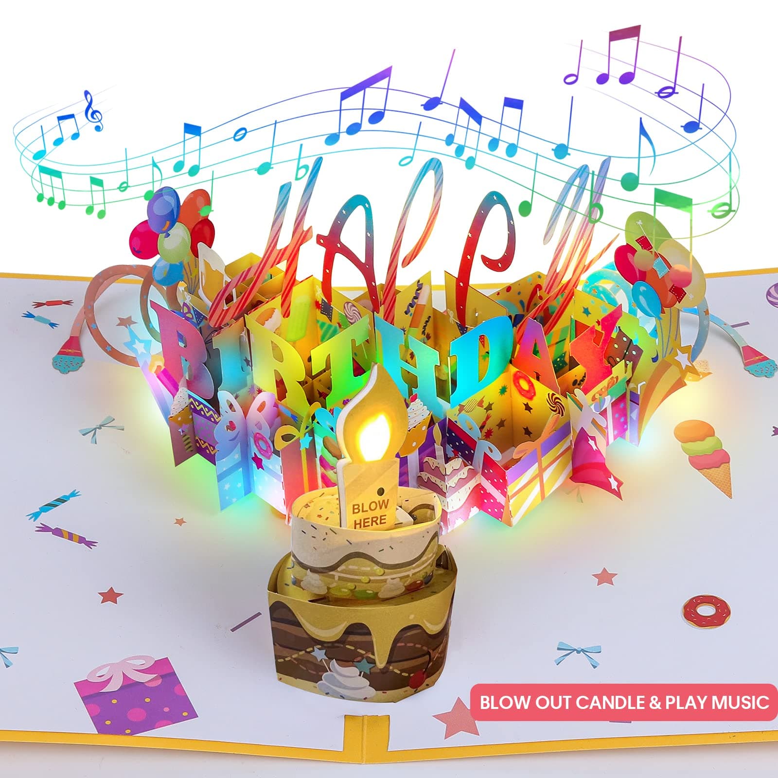 Olatay 3D Musical Birthday Popup Card, Blowable/Blow Out LED Light Candle and Play Happy Birthday Music for Kids Men and Women Multicolor Bday