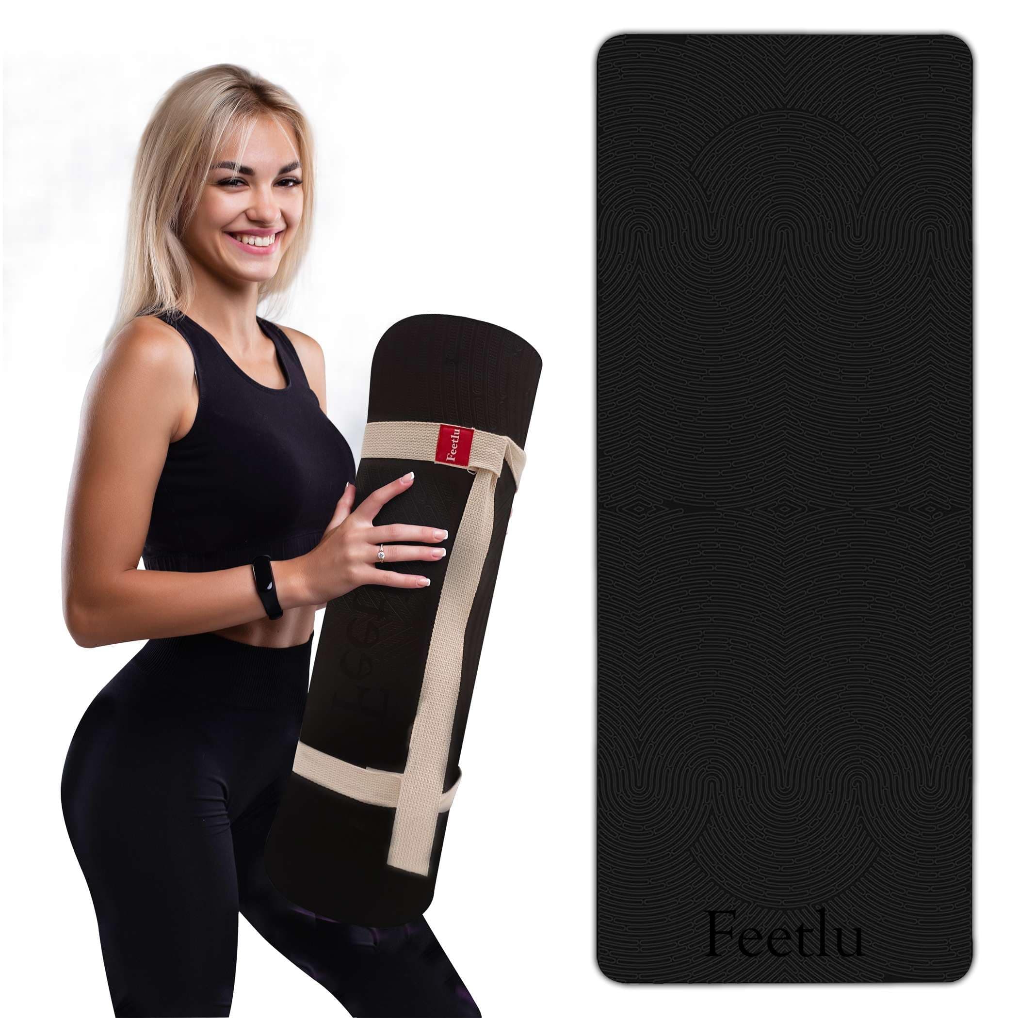 Extra Thick 12mm Exercise Mat – Non-Slip, Joint-Friendly & Cushioned Fitness Mat for Yoga, Pilates & Floor Workouts – Durable, Supportive & Includes Feetlu Classic Strap Black