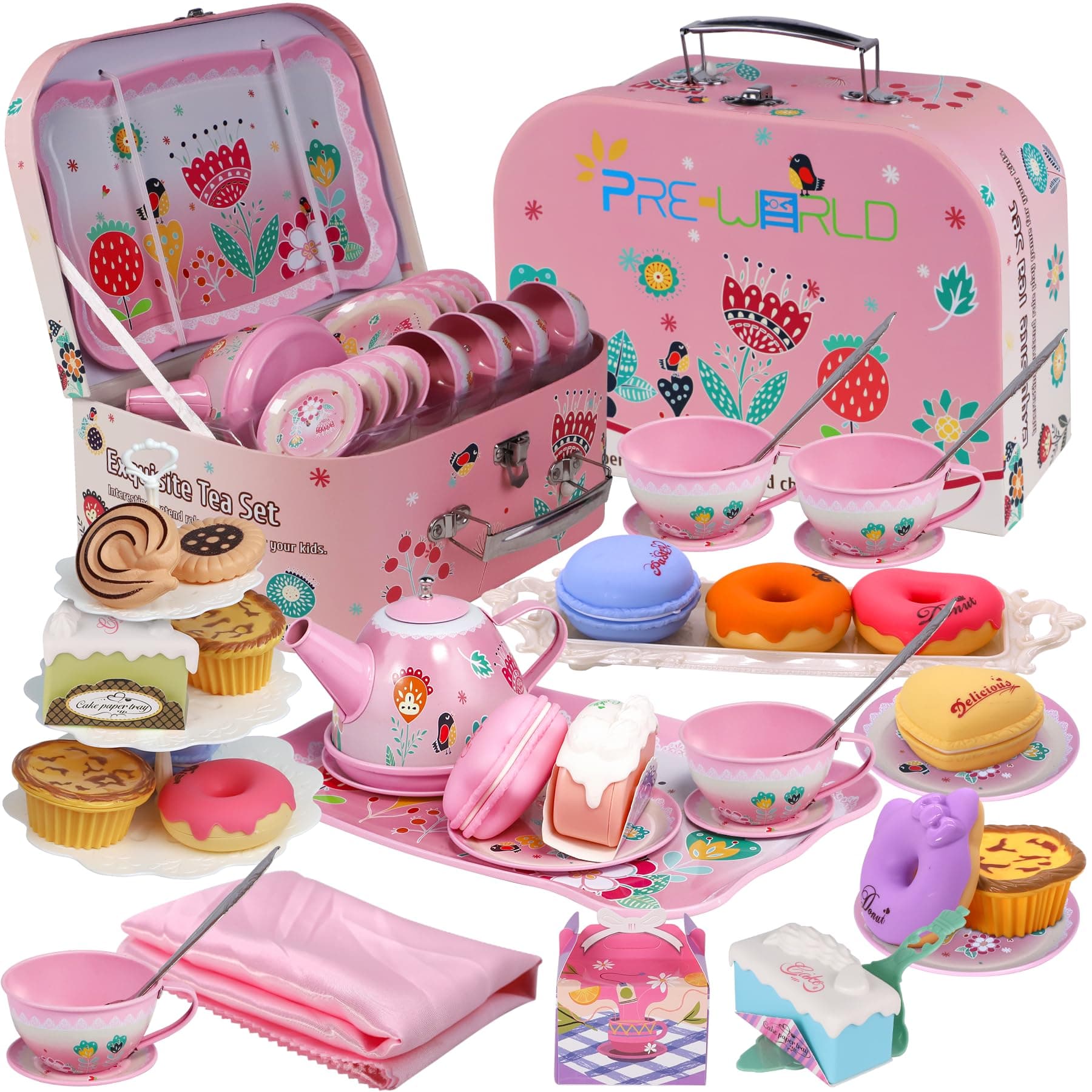 Tea Party Set for Little Girls,PRE-WORLD Princess Tea Time Toy Including Dessert,Cookies,Doughnut,Teapot Tray Cake, Tablecloth & Carrying Case,Kids Kitchen Pretend Play for Girls Boys Age 3-6 Flower Theme