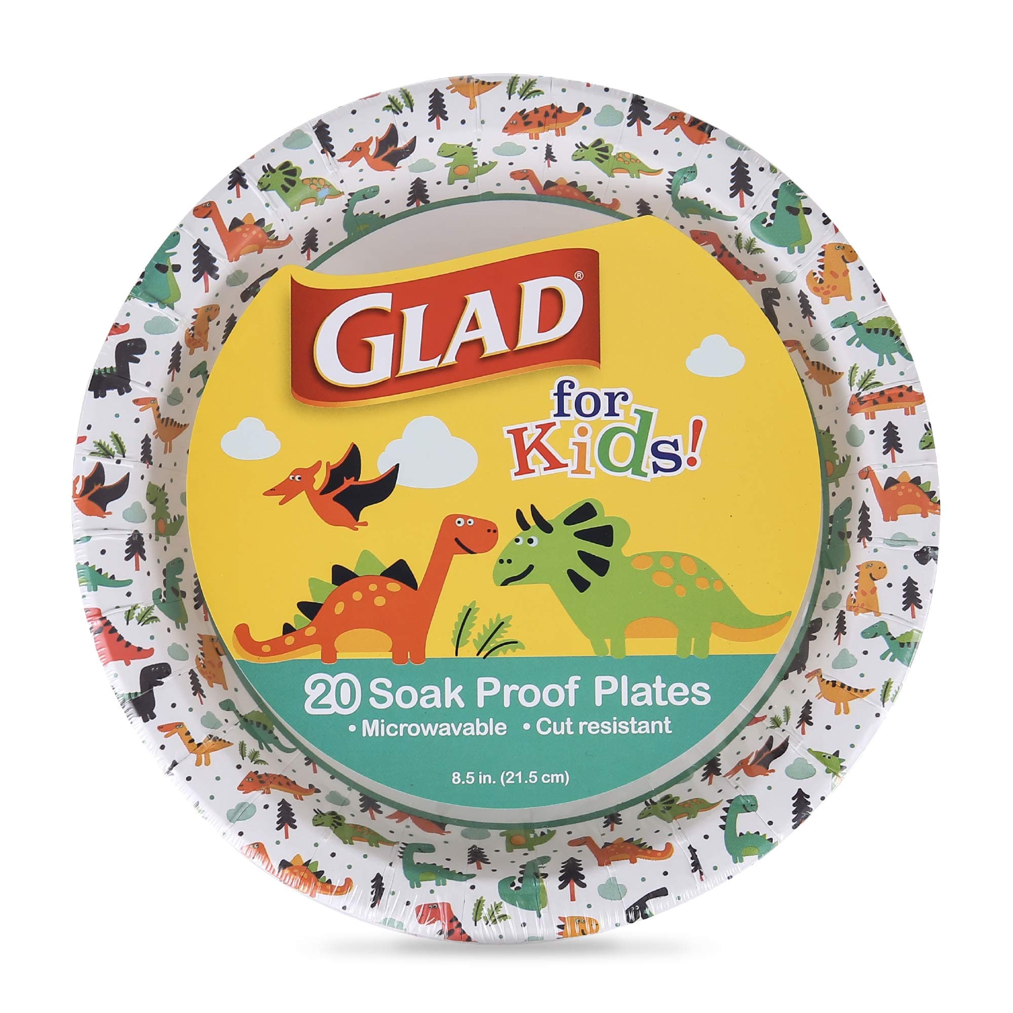 Glad Kids Dinosaur-Themed Heavy Duty Disposable Paper Plates - Soak Proof, Microwavable, 8.5" Round Plates, Perfect for Birthday Parties and Dinosaur Lovers - Pack of 20 Multicolor 8.5 Inch - 20 Count