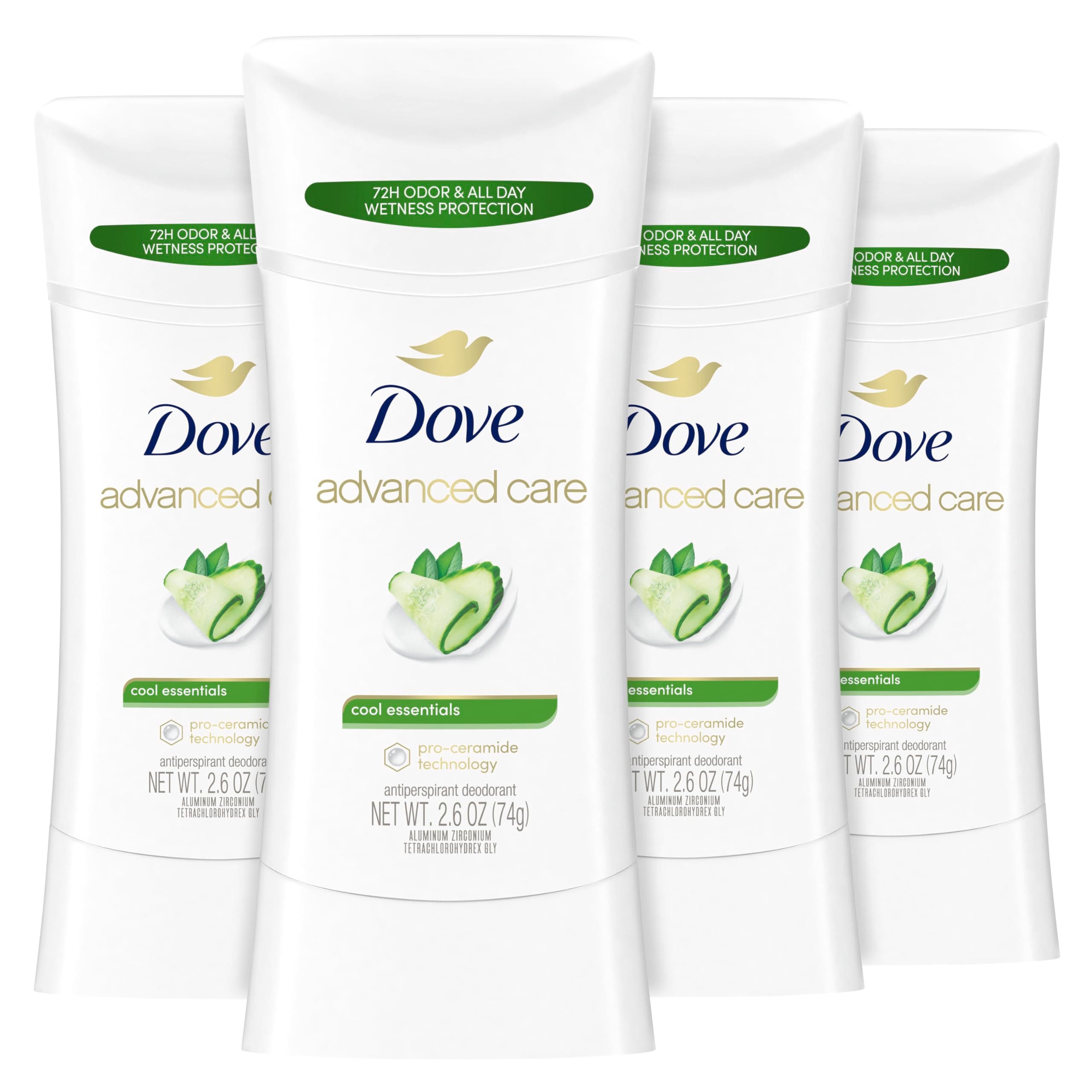 Dove Advanced Care Antiperspirant Deodorant Stick Cool Essentials 4 ct for helping your skin barrier repair after shaving 72 hour odor control and sweat protection with Pro Ceramide Technology 2.6 oz 2.6 Ounce (Pack of 4) Cool