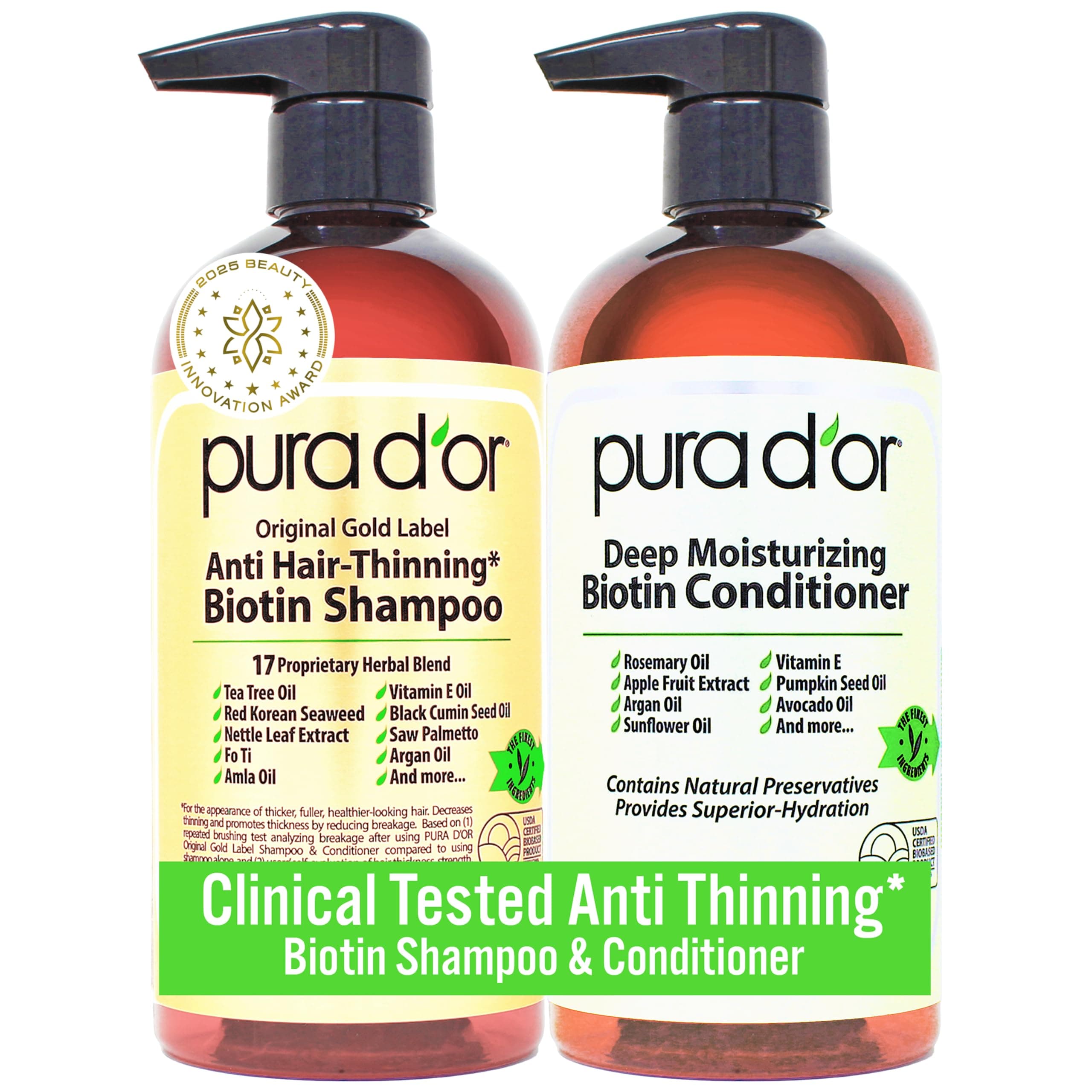 PURA D'OR Anti-Thinning Biotin Shampoo & Conditioner Gold Label Set (16oz x2) Natural Botanical Scent – CLINICALLY TESTED Stronger-Feeling, Thicker-Looking Hair, Volume & Less Breakage – Men & Women Combo