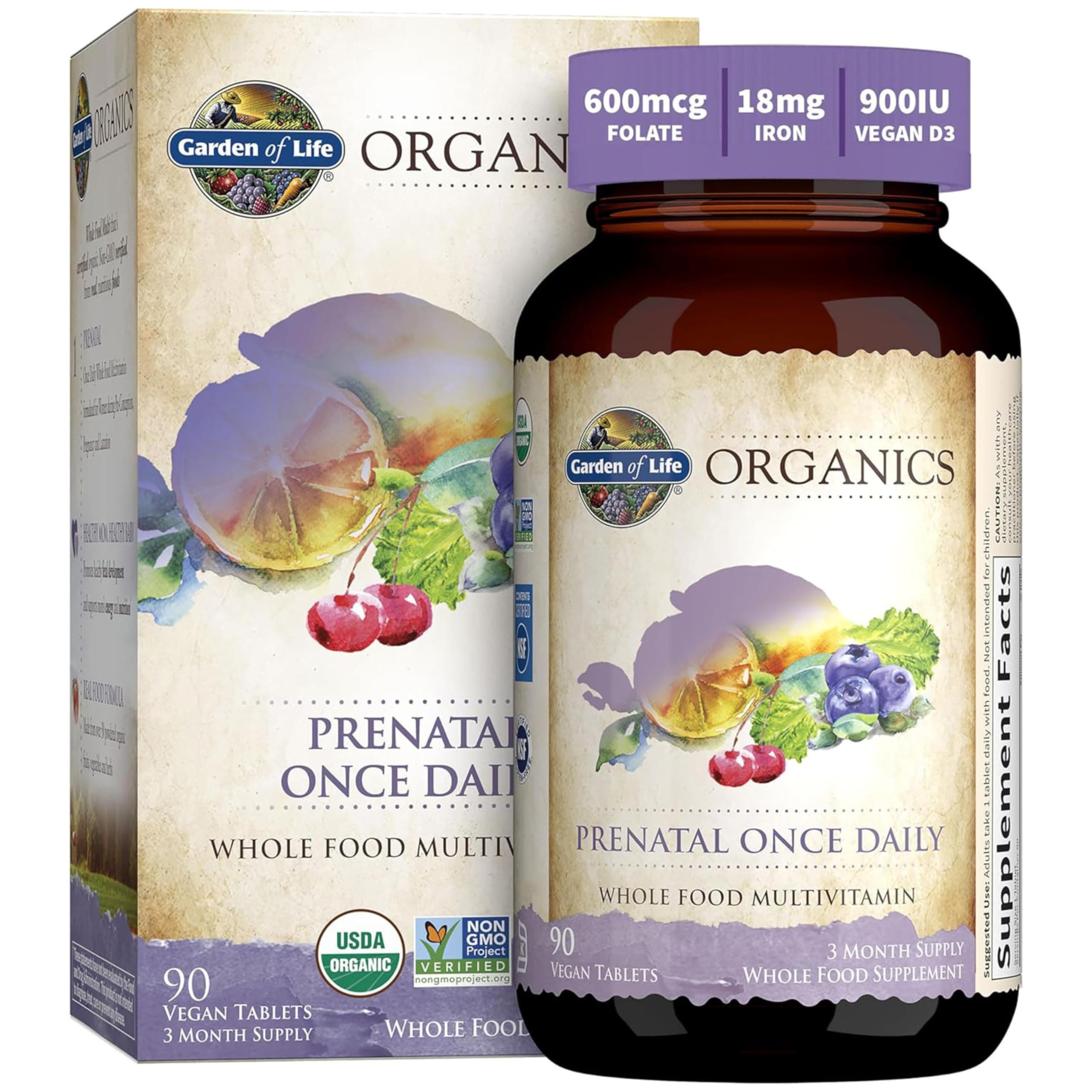 Garden of Life Prenatal Vitamins for Women, Organics Folate for Energy & Healthy Fetal Development, Non-constipating Iron, Vitamin C, B6, B12, D3, Non-GMO, Gluten-Free, Vegan, 90 Day Supply 90 Count (Pack of 1)