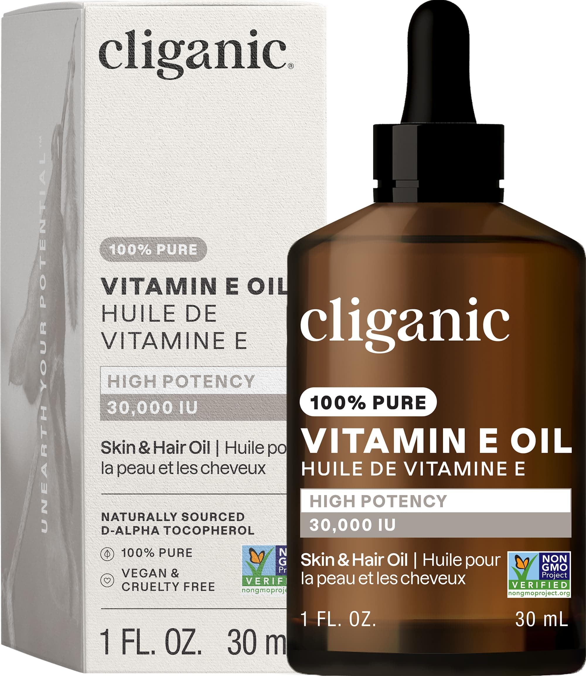 Cliganic Pure Vitamin E Oil for Skin, Scars, Hair & Face - 30,000 IU, Non-GMO Verified | Natural D-Alpha Tocopherol 1 Fl Oz (Pack of 1)