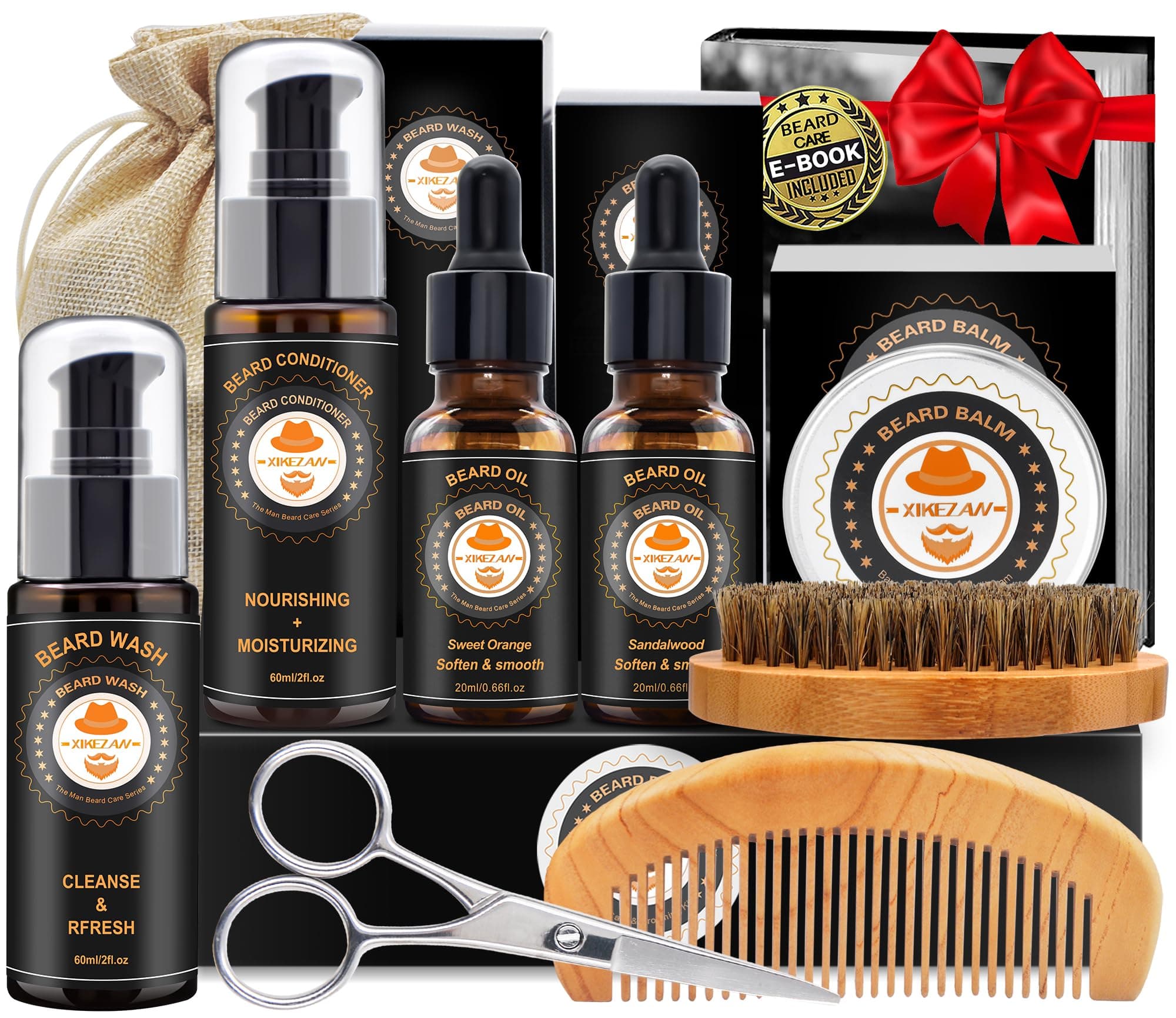 XIKEZAN Beard Kit for Men Care & Grooming w/Beard Conditioner, Wash, Oil, Balm, Brush Birthday Fathers Valentines Gifts for Men Him Dad Husband Boyfriend Christmas Gifts Mens Stocking Stuffers Sandalwood & Sweet Orange