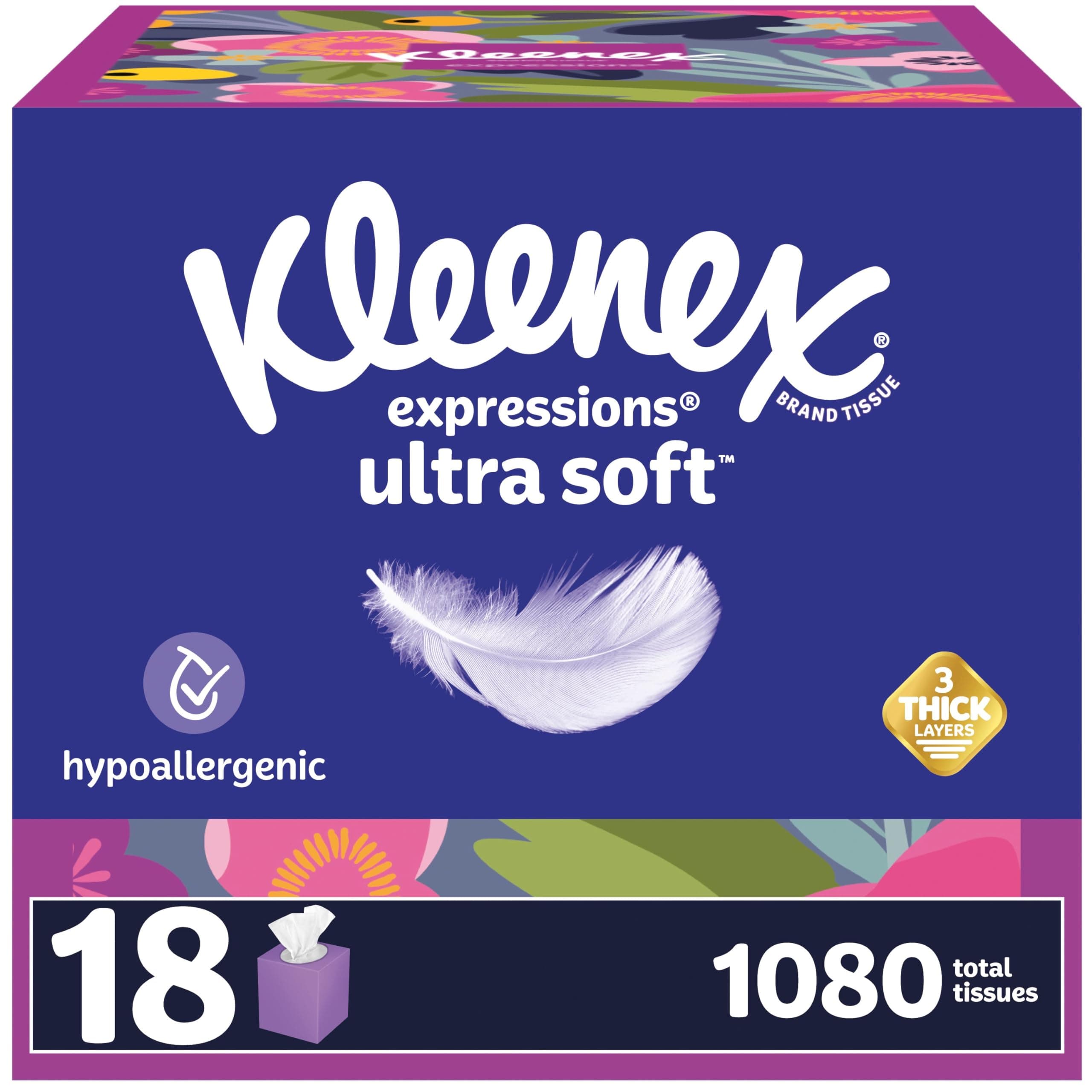 Kleenex Expressions Ultra Soft Facial Tissues, 18 Cube Boxes, 60 Tissues per Box, 3-Ply (1,080 Total Tissues), Packaging May Vary White 1 Count (Pack of 18)