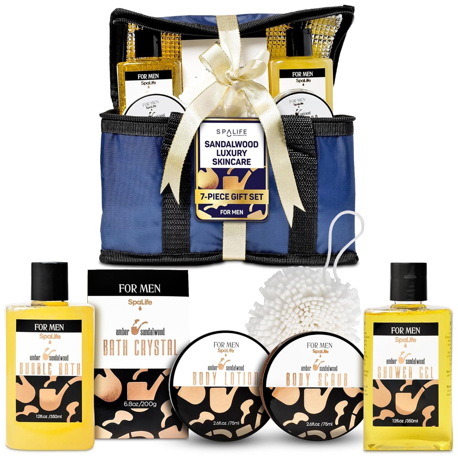 SpaLife Luxury Spa Skincare Sandalwood Gift Set for Men | Mens Body Wash Gifts | Mens Gift Set for Bath and Body | Christmas Gifts for Men | Cleansing, Moisturizing, Exfoliating | 7-Piece Bundle Mens Sandalwood
