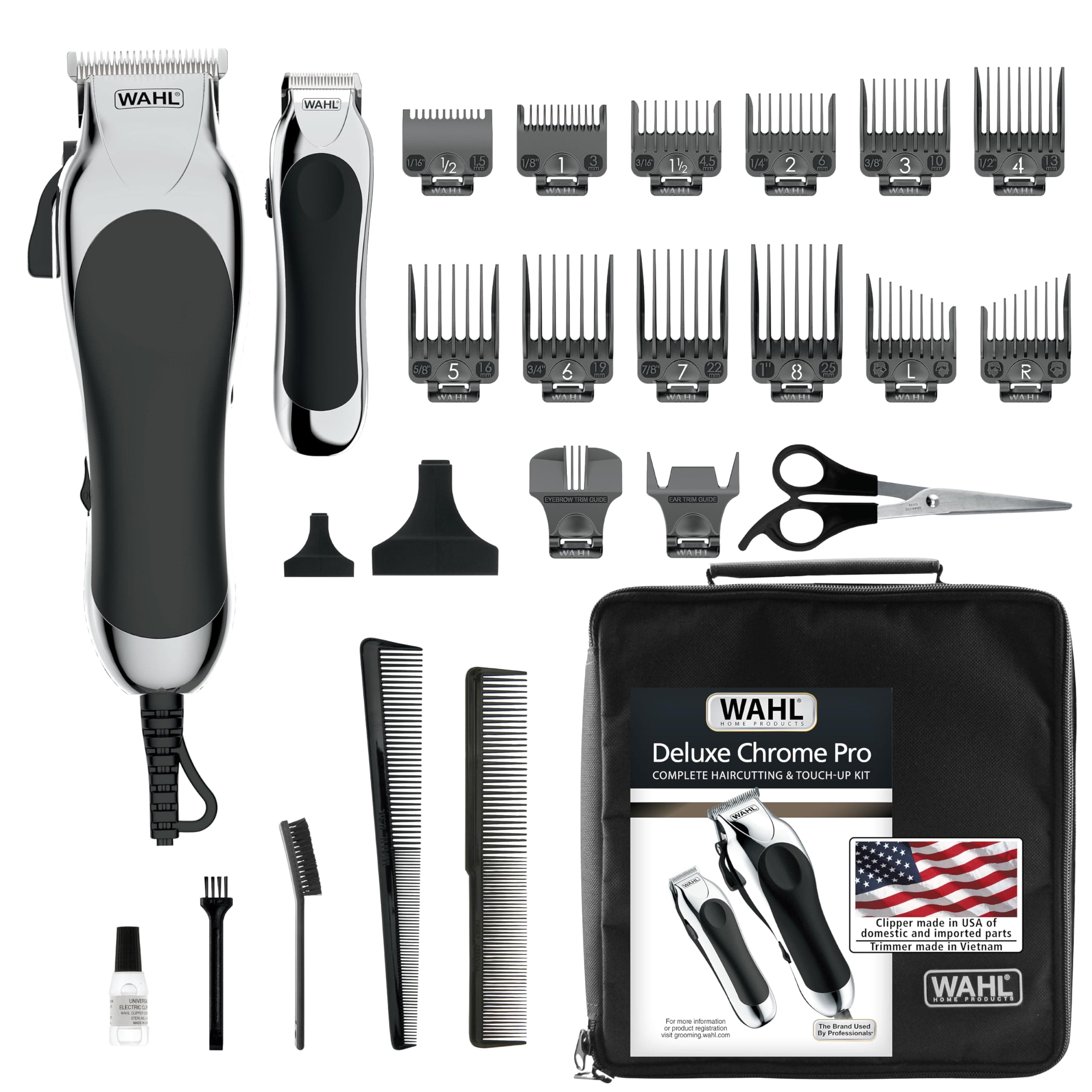 Wahl Clipper USA Deluxe Corded Chrome Pro, Complete Hair and Trimming Kit, Includes Corded Clipper, Cordless Battery Trimmer, and Styling Shears, for a Cut Every Time - Model 79524-5201M 25 Piece Set
