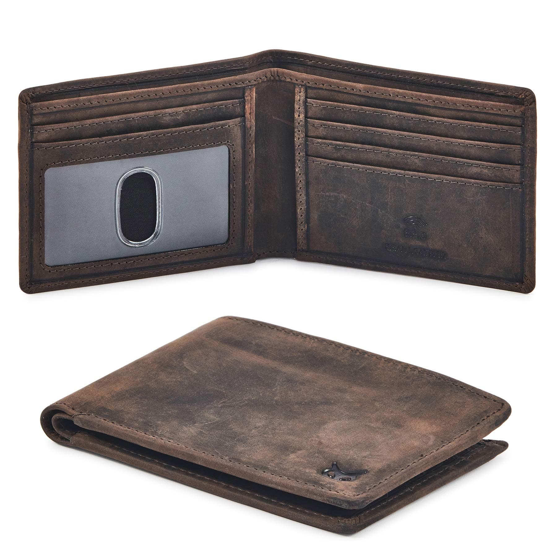 Real Leather Mens Bifold Wallet RFID Blocking Slim Minimalist Front Pocket - Thin & Stylish with ID Window in Gift Box (Crazy Horse, Coffee) Crazy Horse Coffee