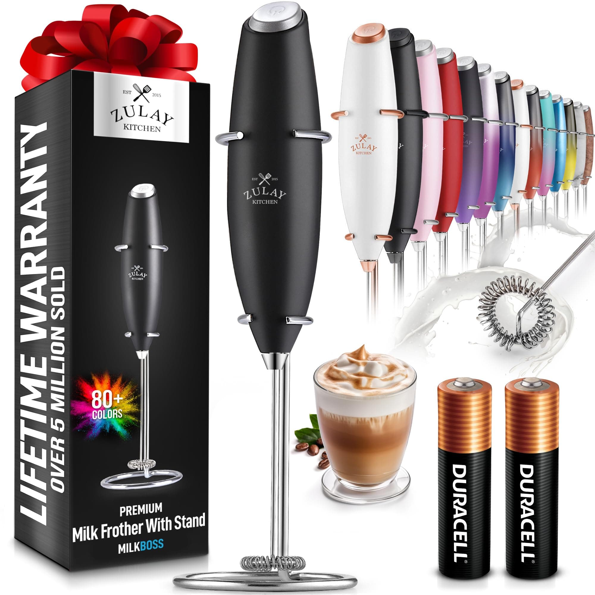 Zulay Kitchen Powerful Milk Frother Wand With 2 Duracell Batteries - Ultra Fast Handheld Drink Mixer - Electric Whisk Foam Maker for Coffee, Lattes, Cappuccino, Matcha, Hot Chocolate & Creamer - Black Z1 Motor Max + AA Duracell Midnight Black