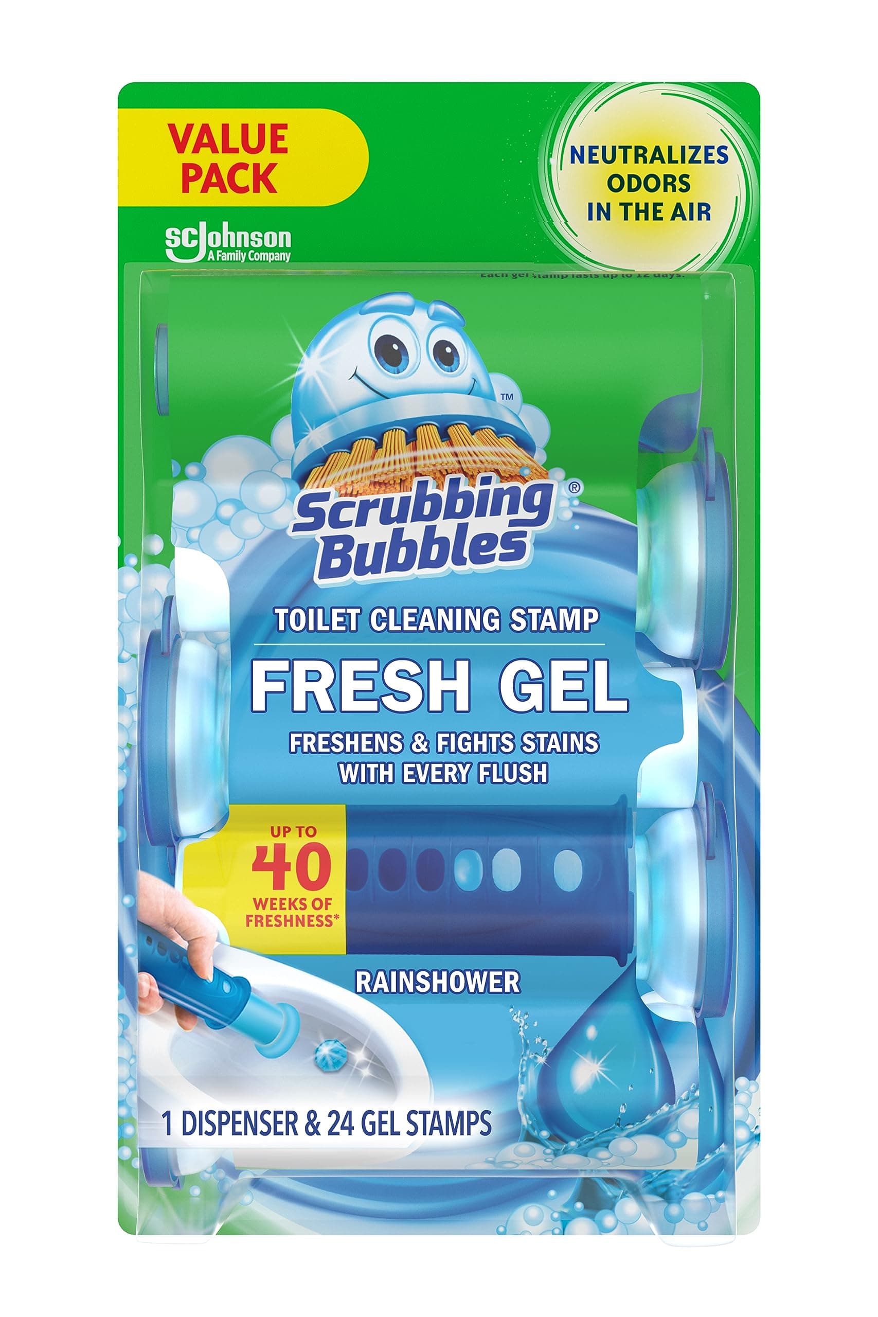 Scrubbing Bubbles Fresh Gel Toilet Bowl Cleaning Stamps, Helps Keep Toilet Clean and Helps Prevent Limescale & Rings, Rainshower Scent, 1 Dispenser with 24 Fresh Gel Stamps