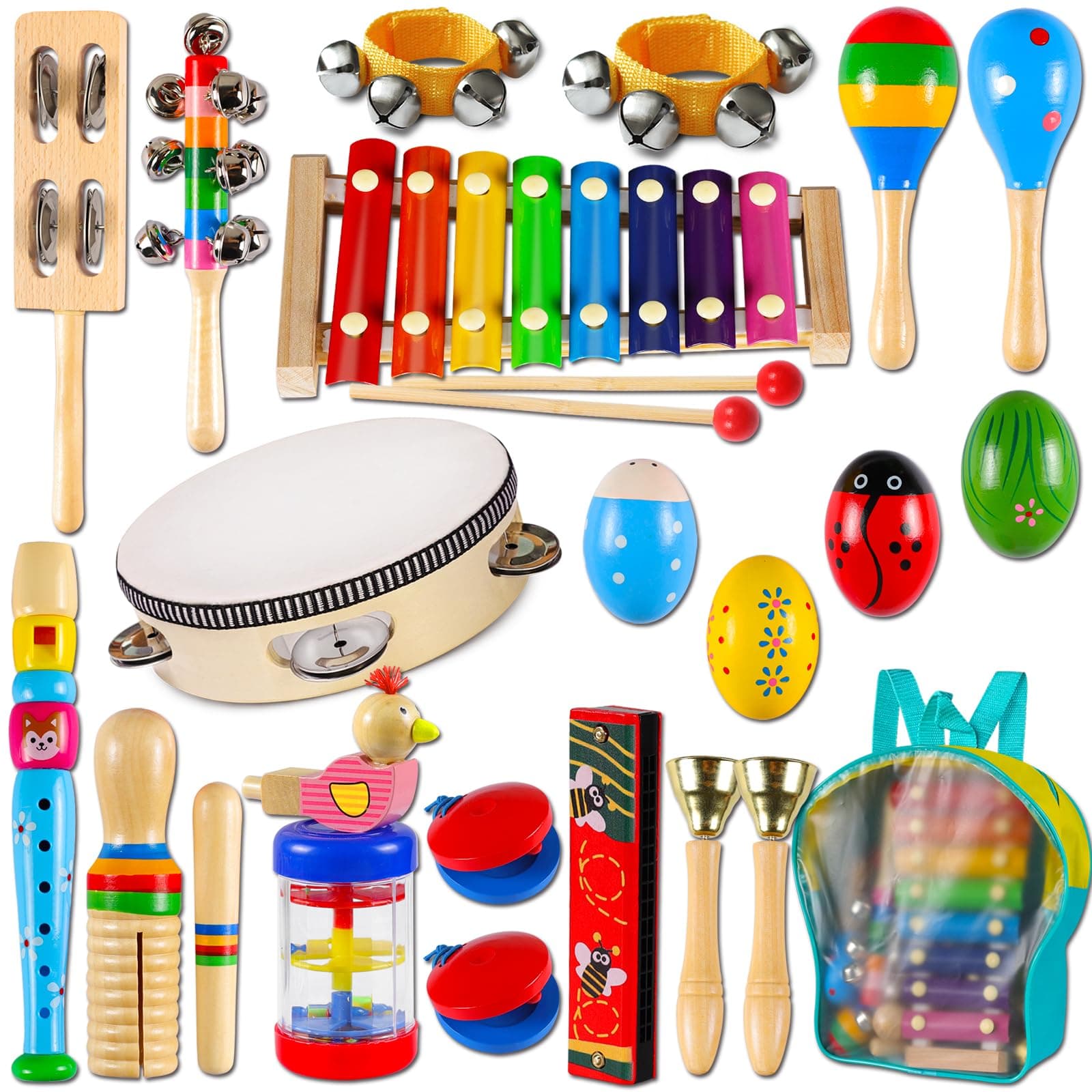 LOOIKOOS Toddler Musical Instruments,Wooden Percussion Instruments Toy for Kids Preschool Educational Musical Toys Set for Boys and Girls with Storage Bag Kids Musical Instruments Set A