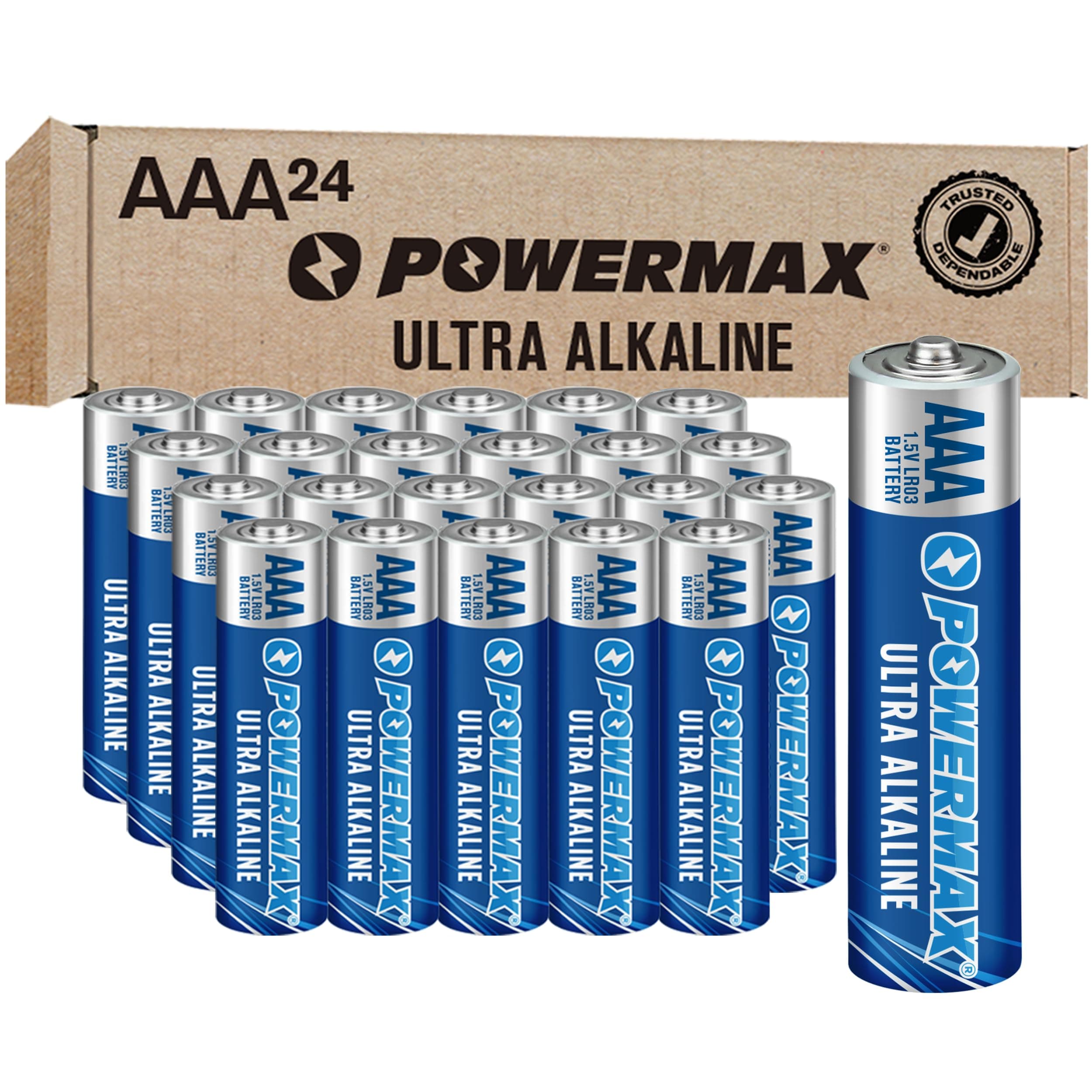 Powermax 24-Count Triple AAA Batteries, Ultra Long Lasting Alkaline Battery for Home and Office, 10-Year Shelf Life, Reclosable Packaging AAA - 24 Count