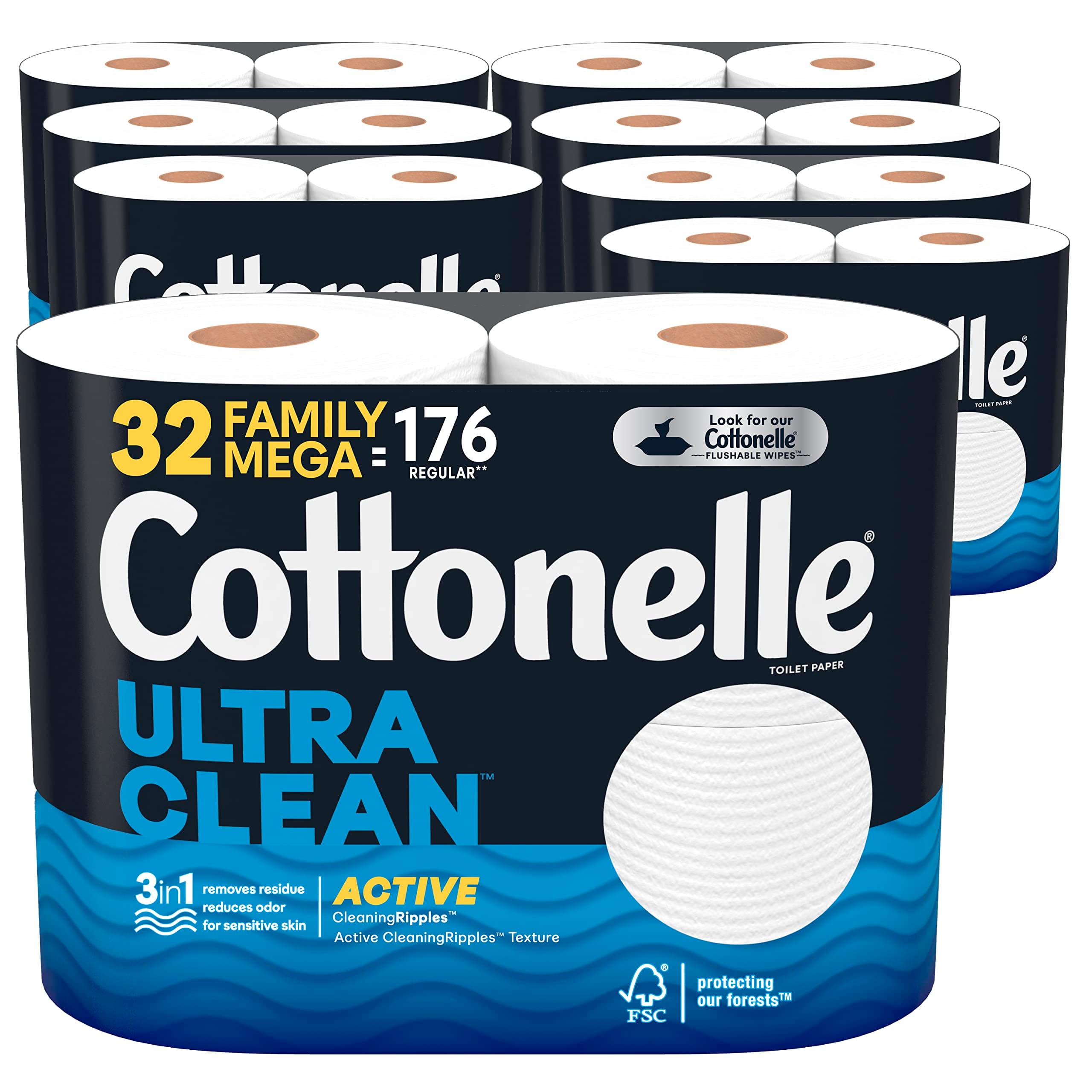 Cottonelle Ultra Clean Toilet Paper with Active CleaningRipples Texture, Strong Bath Tissue, 32 Family Mega Rolls (32 Family Mega Rolls = 176 Regular Rolls) (8 Packs of 4), 388 Sheets per Roll White Family Mega 1552 sheet (Pack of 8)