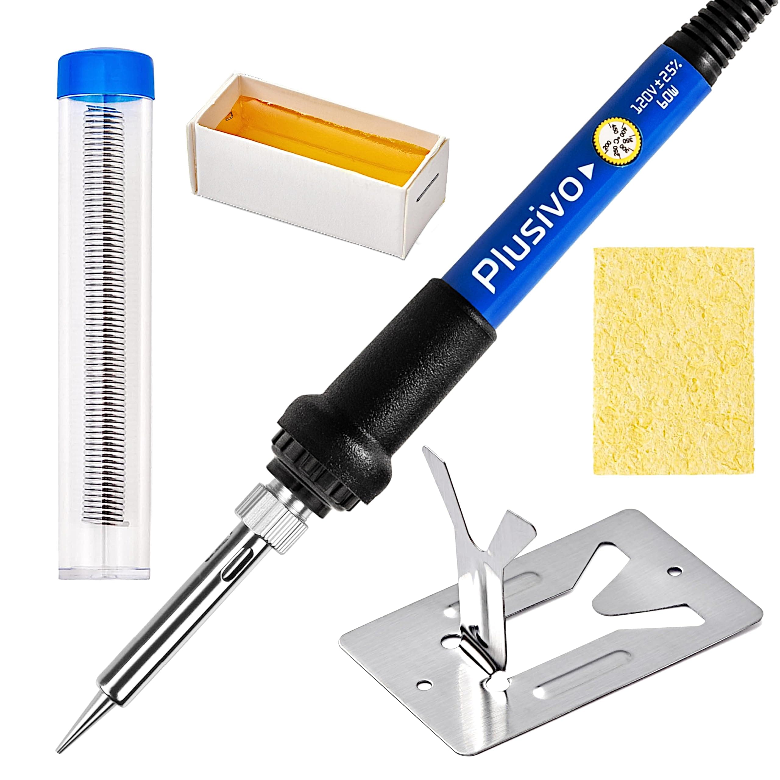 Soldering Iron Kit, 60W Soldering Iron Adjustable Temperature 5-in-1, Solder Wire, Stand, Rosin Paste Flux, Sponge, Fast Heating, Desoldering Electronic Repair DIY Hobby 120V US Plug Soldering Iron Kit 7