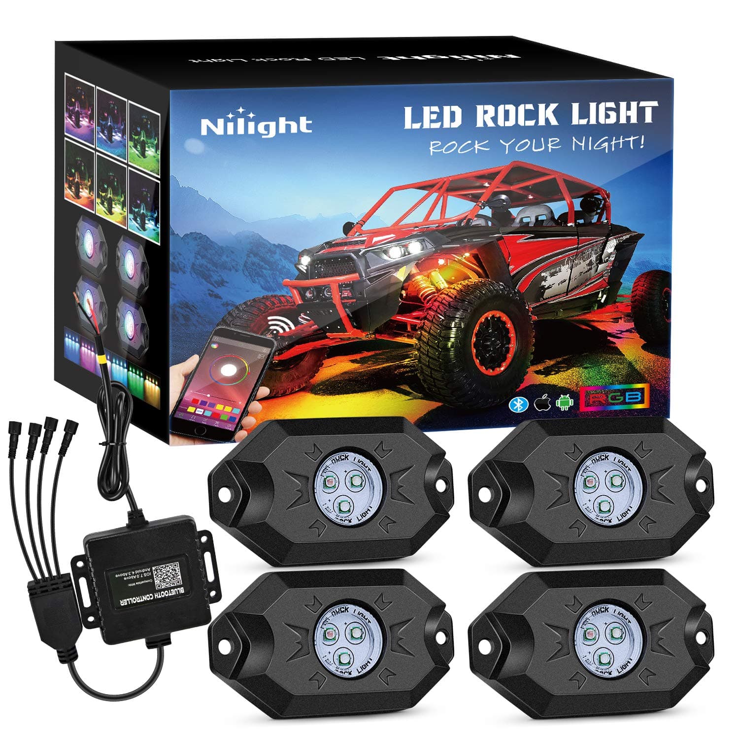 Nilight RGB LED Rock Lights Kit, 4 pods Underglow Multicolor Neon Light Pod with Bluetooth App Control Flashing Music Mode Wheel Well Light for Truck ATV UTV RZR SUV 4 Pods RGB 3LED
