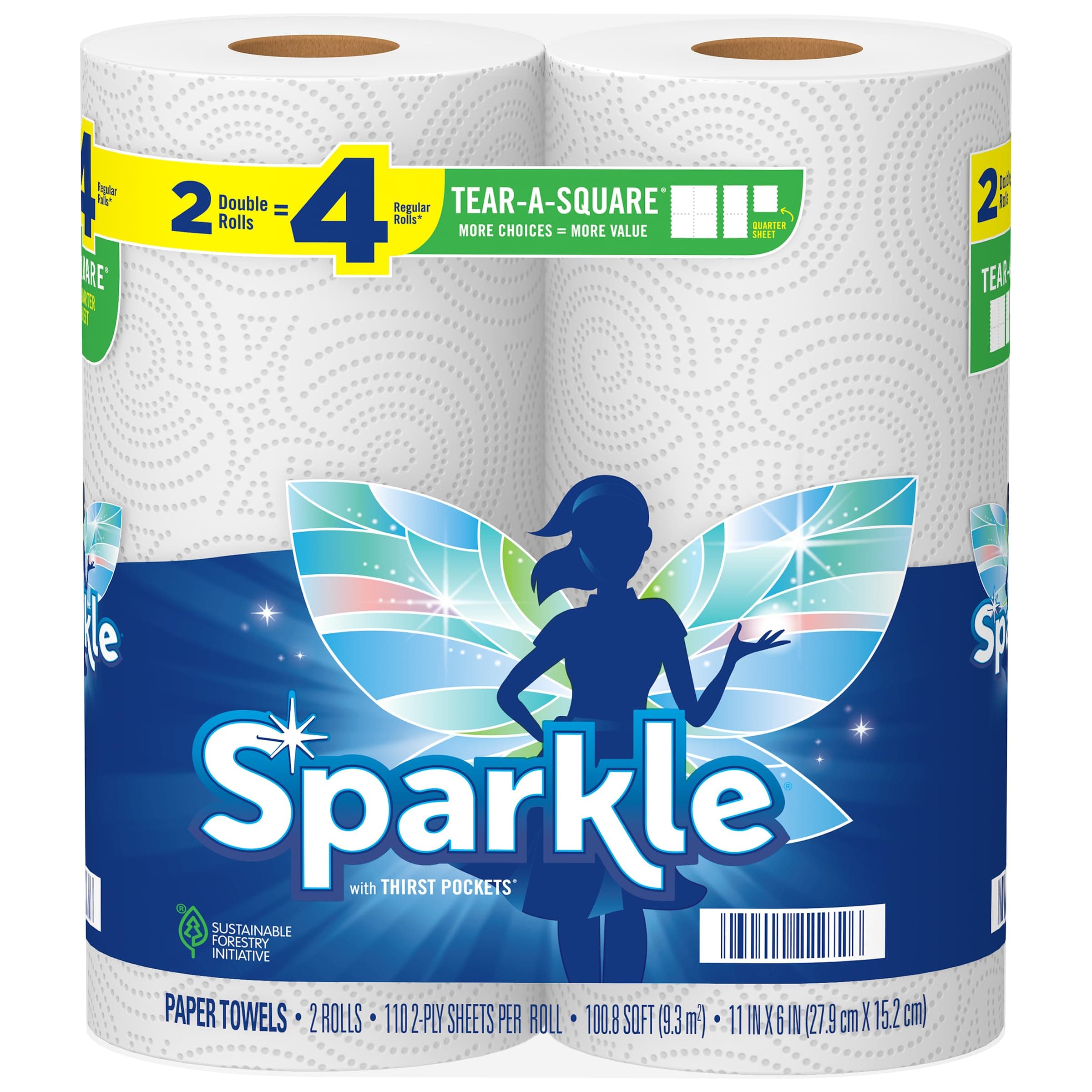 Sparkle Tear-A-Square Paper Towels, 2 Double Rolls = 4 Regular Rolls, Customizable Sheet Size Paper Towel 110 Sheet (Pack of 2)