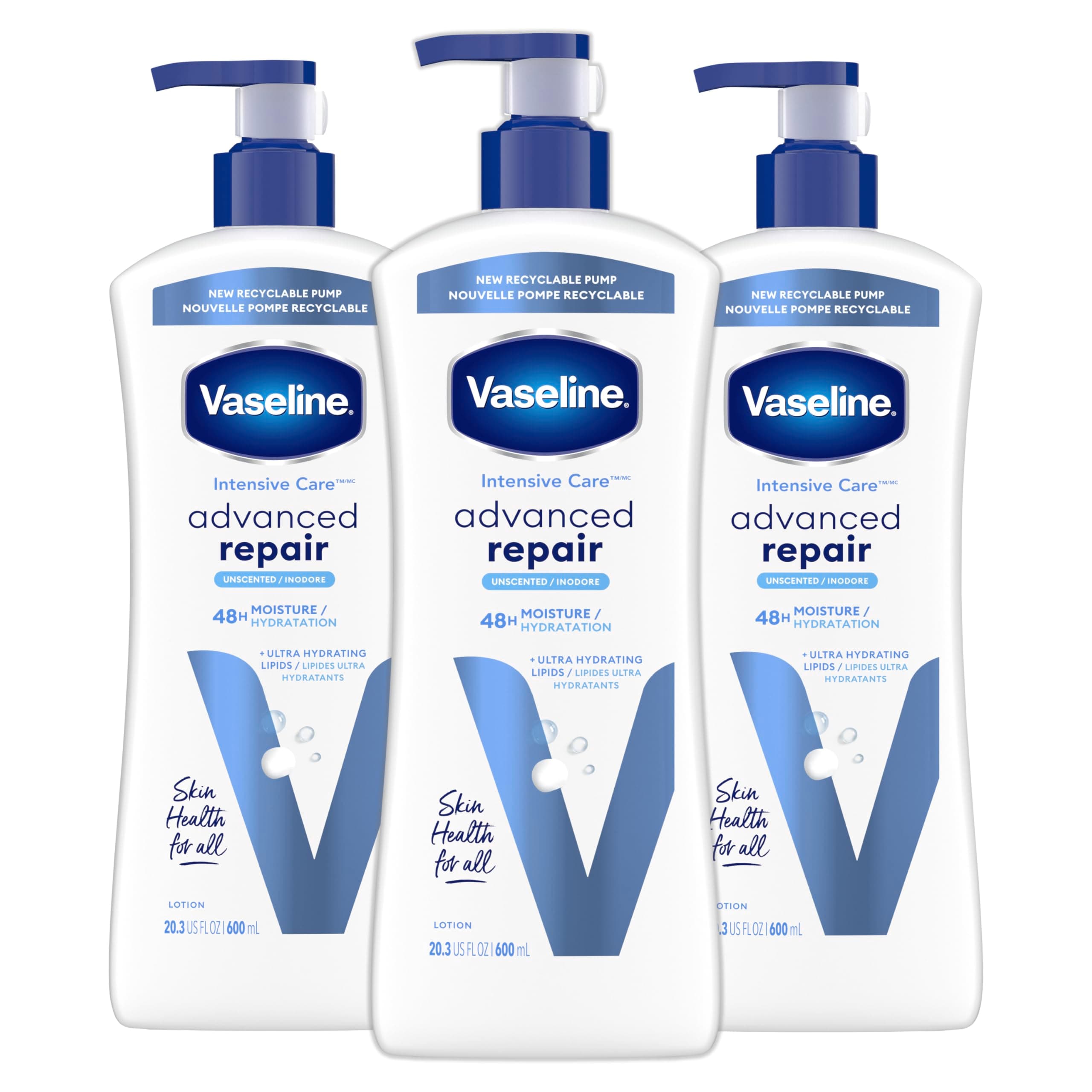 Vaseline Intensive Care Unscented Advanced Repair Body Lotion - Ultra-Hydrating with Lipids for Extremely Dry Skin, 20.3 oz, Pack of 3 Unscented 20.3 Fl Oz (Pack of 3)