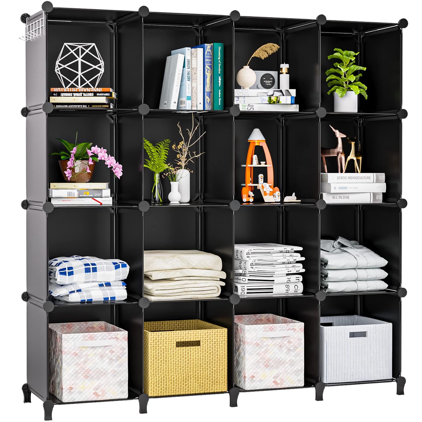 Neprock 16 Cubby Storage Organizer, Closet Clothes Storage Organizer, Cube Shelves Closet Organizers and Storage Shelves for Clothing Storage with Hammer, Bookshelf for KidsďźBlackďź 16 Cubes Black