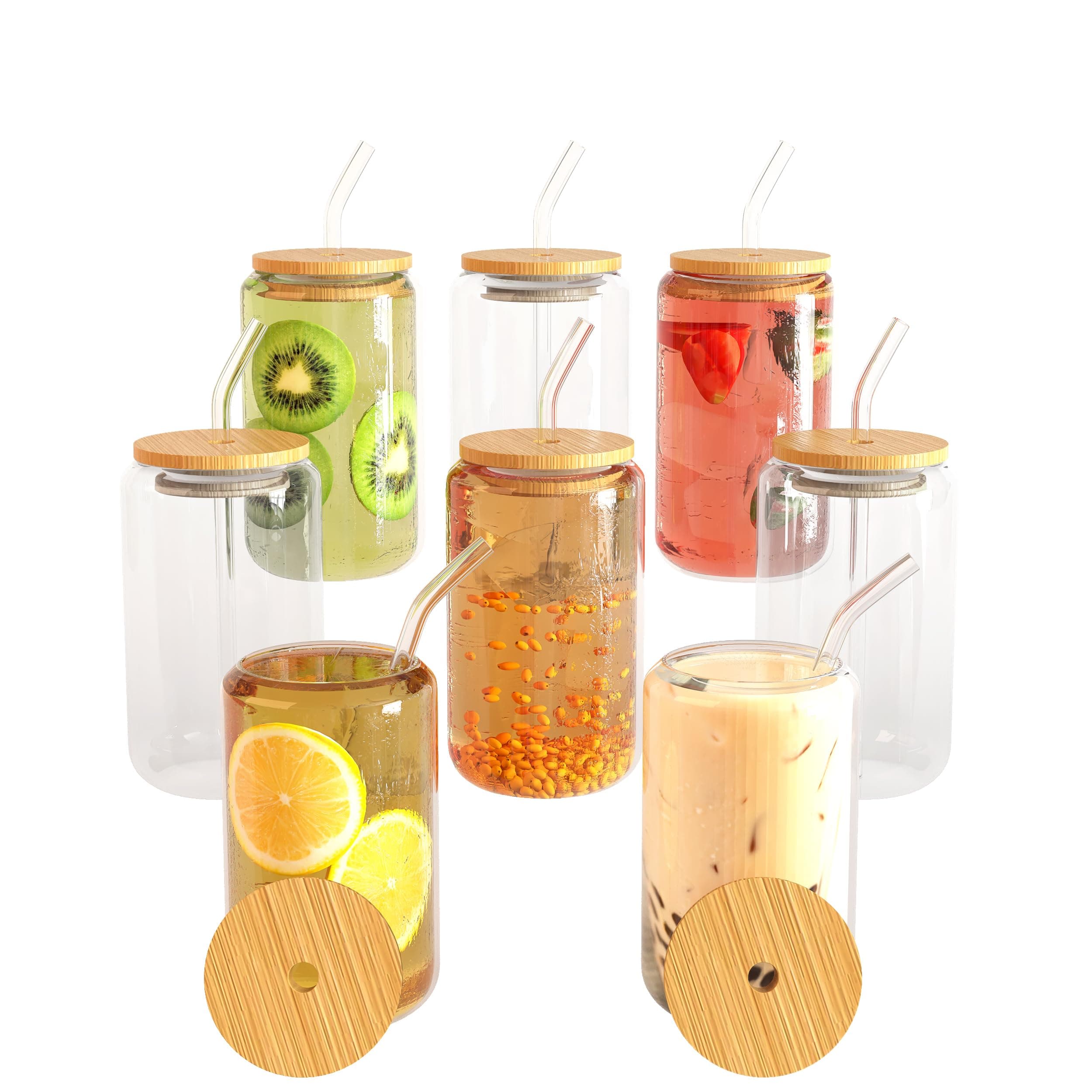 Finew Drinking Glasses with Bamboo Lids and Straws, 8pcs Glass Cups Set, 16oz Beer Can Shaped , Iced Coffee Cups, Cute Tumbler Cup, for Whiskey, Wine Cocktail Boba Tea Gift