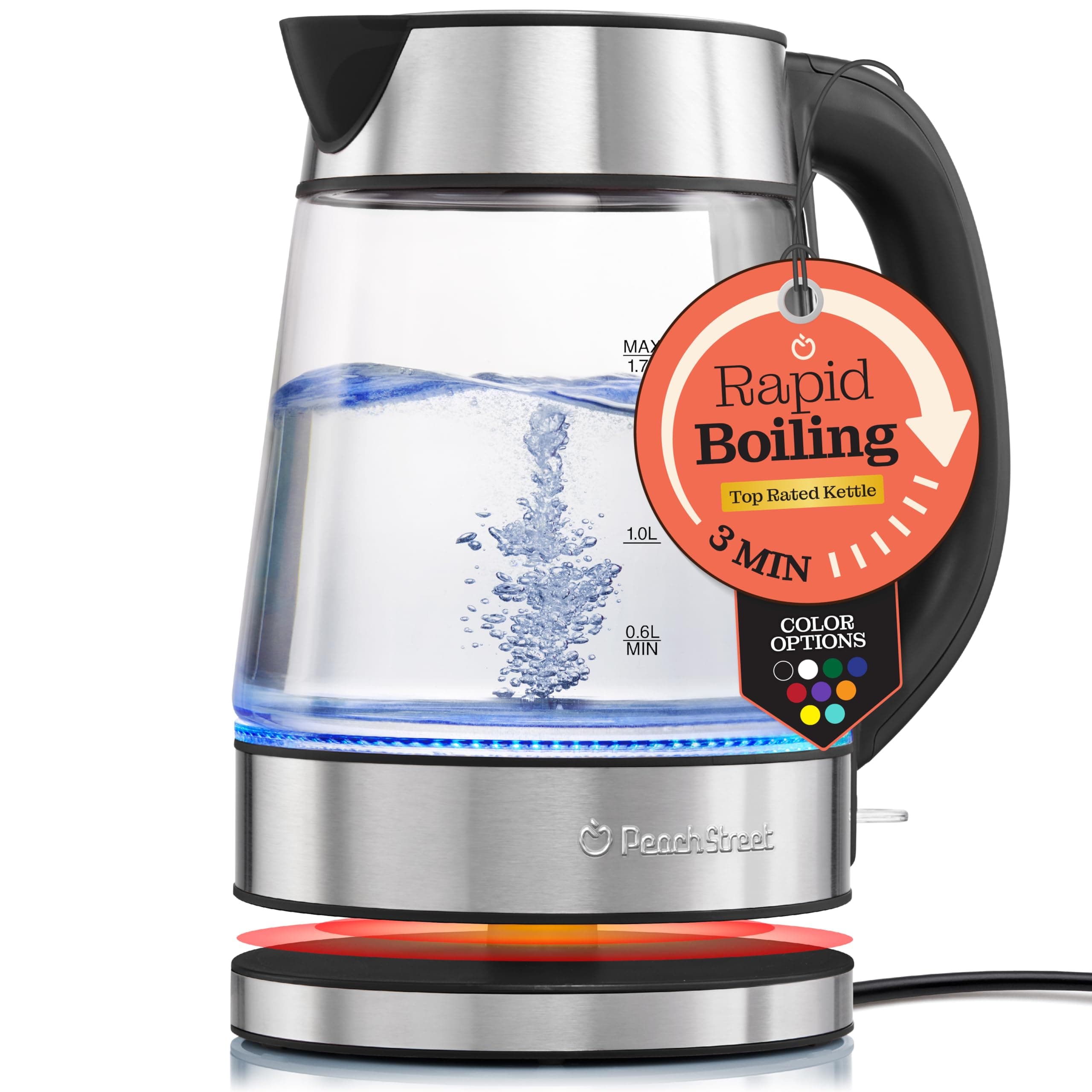 Speed-Boil Electric Kettle For Coffee & Tea - 1.7L Water Boiler 1500W, Borosilicate Glass, Easy Clean Wide Opening, Auto Shut-Off, Cool Touch Handle, LED Light. 360° Rotation, Boil Dry Protection Black