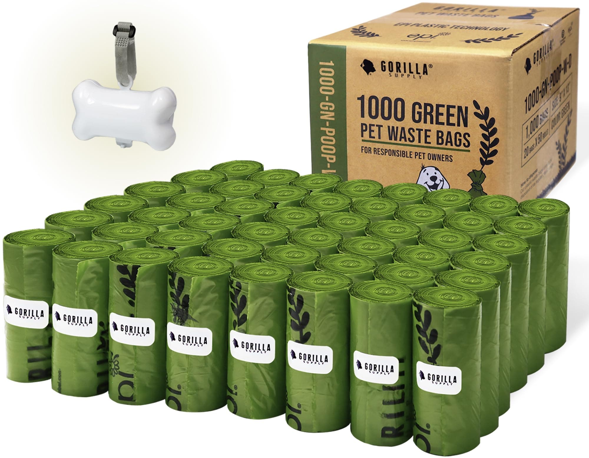 GORILLA SUPPLY Dog Poop Waste Bags with Dispenser and Leash Tie, 9" x 13", Green, 1000 Count